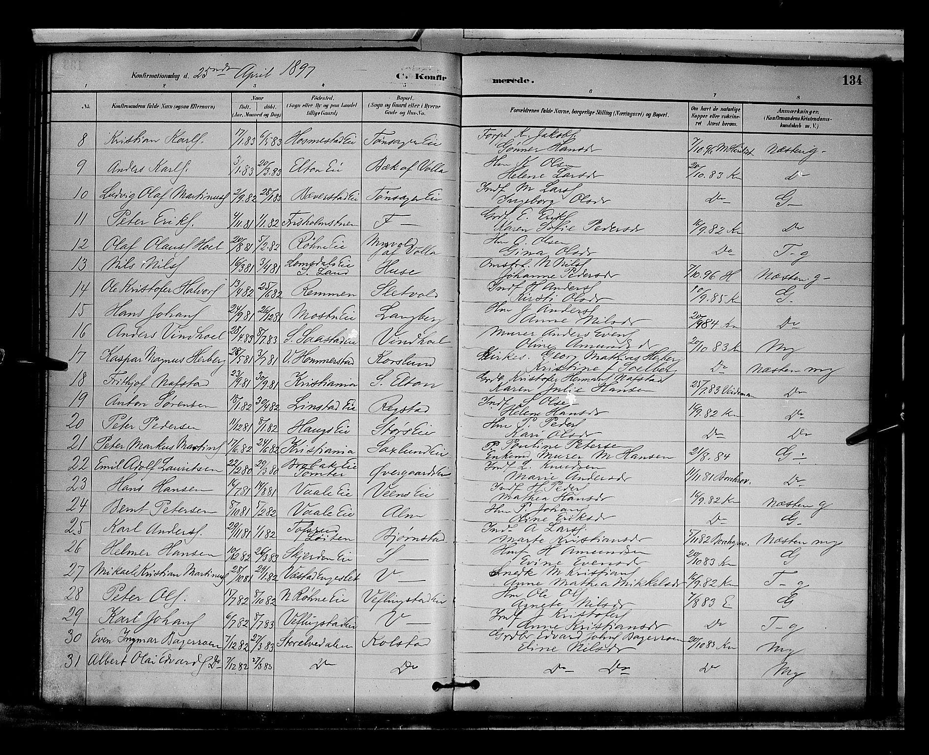 Stange prestekontor, AV/SAH-PREST-002/L/L0009: Parish register (copy) no. 9, 1883-1899, p. 134