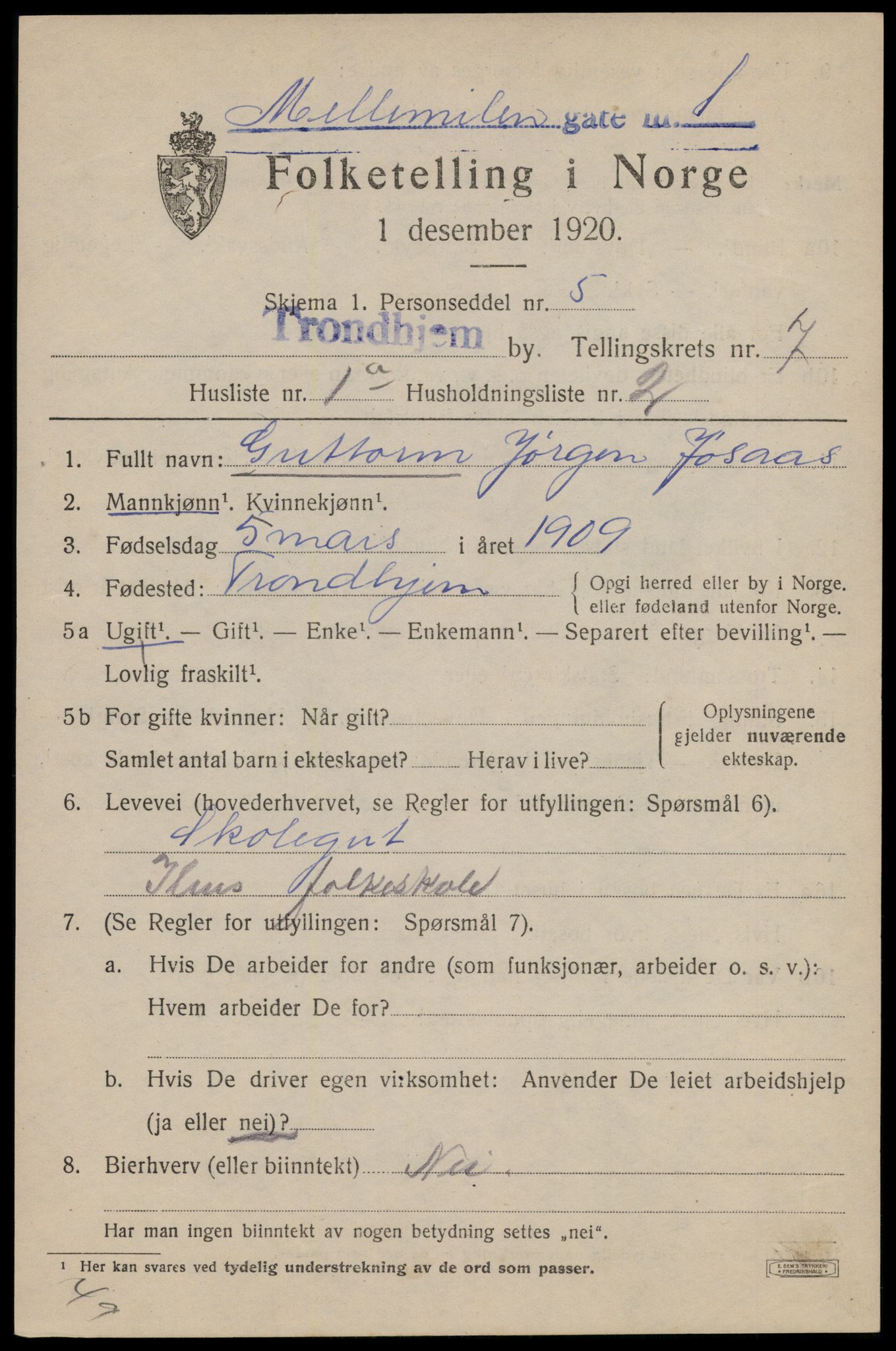 SAT, 1920 census for Trondheim, 1920, p. 41206