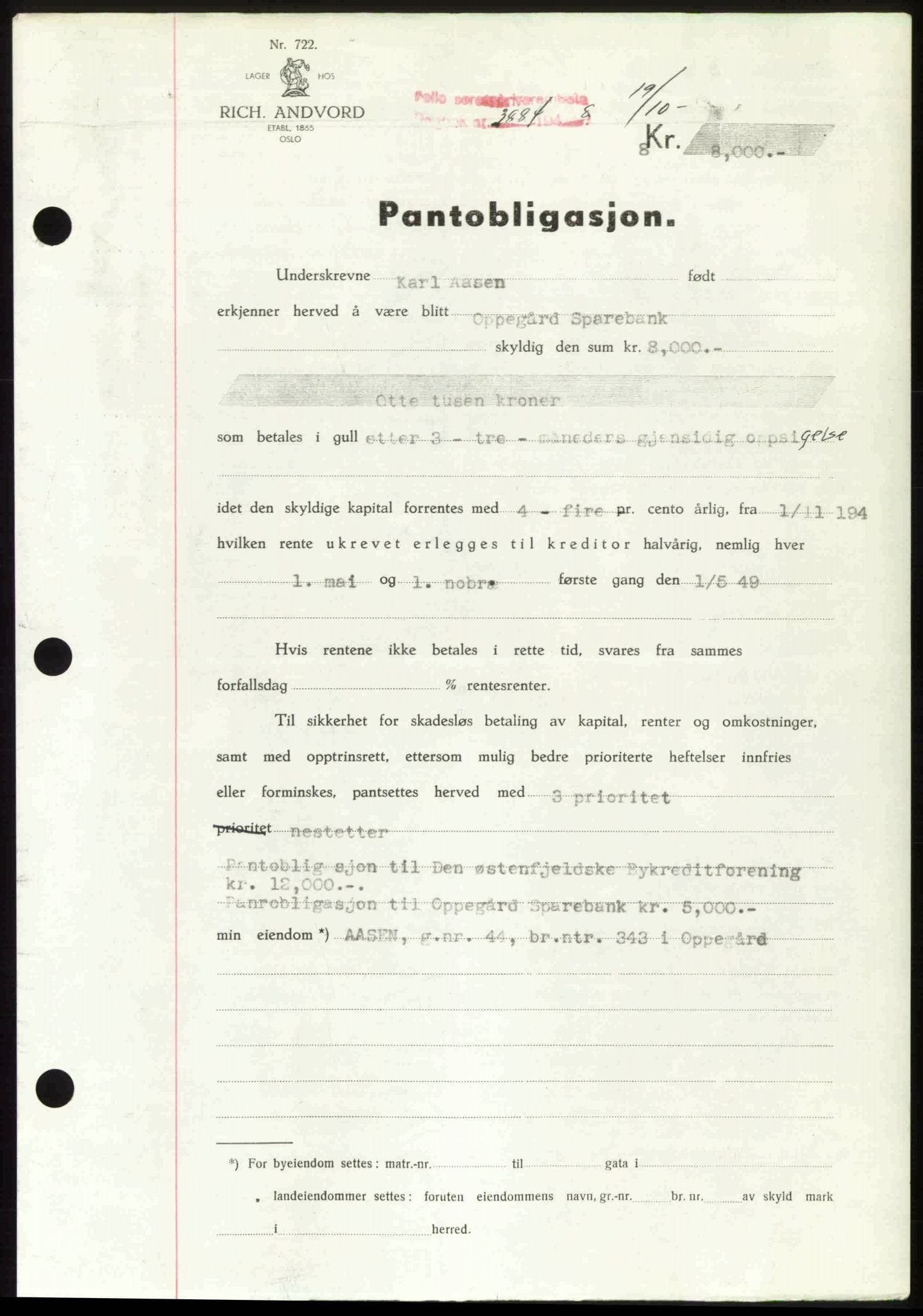 Follo sorenskriveri, SAO/A-10274/G/Ga/Gaa/L0085: Mortgage book no. I 85, 1948-1948, Diary no: : 3884/1948