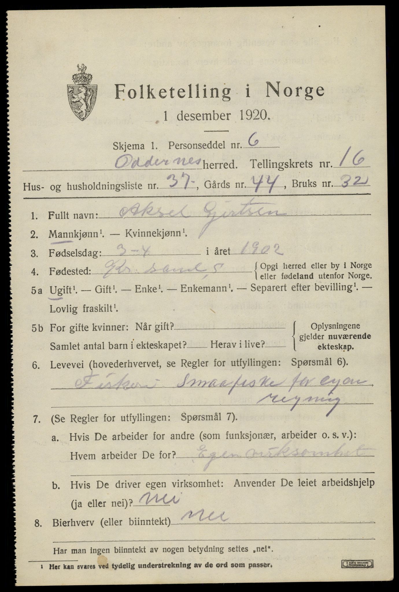 SAK, 1920 census for Oddernes, 1920, p. 11689