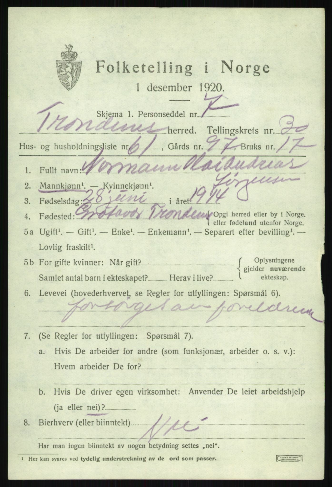 SATØ, 1920 census for Trondenes, 1920, p. 21911