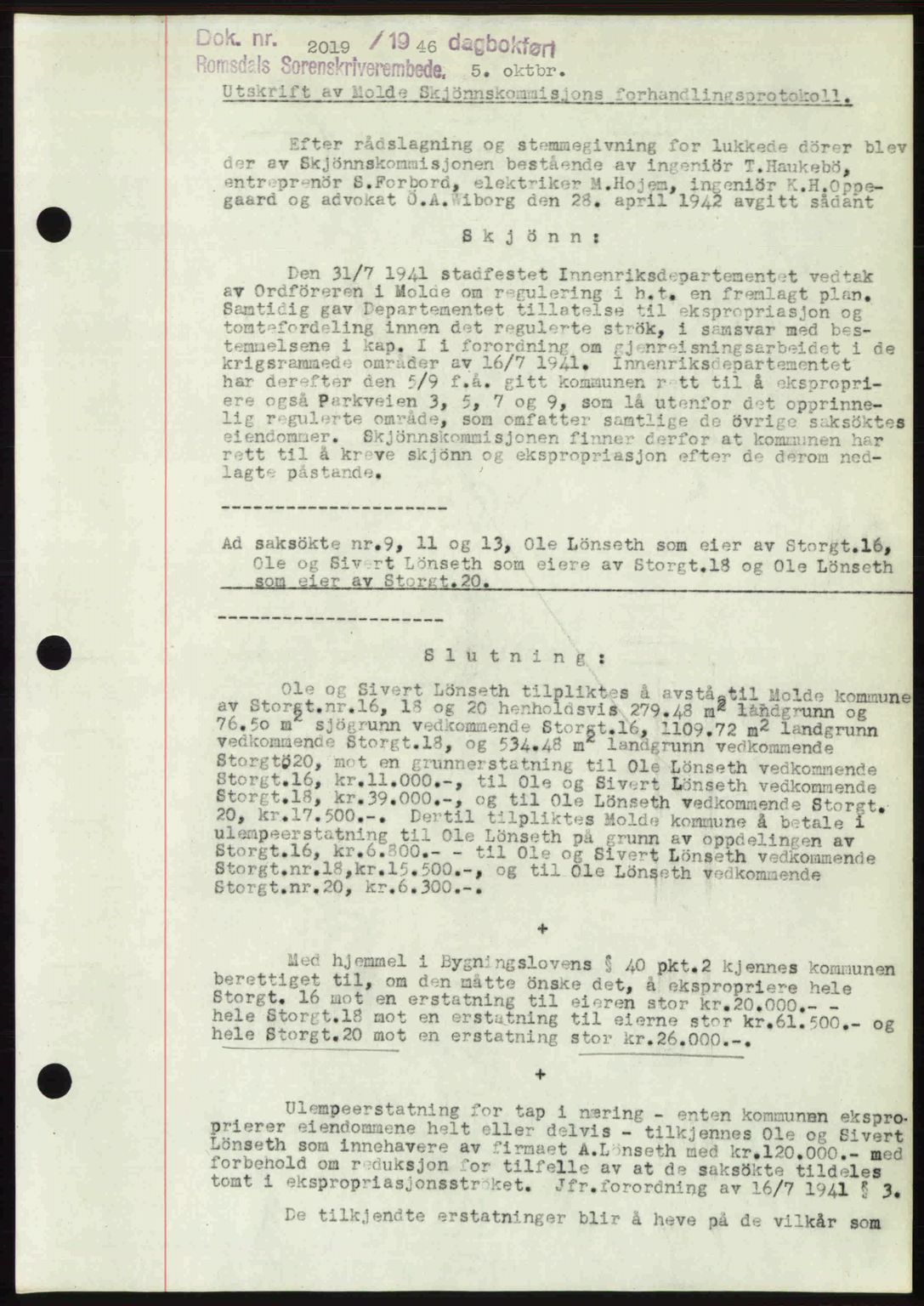 Romsdal sorenskriveri, AV/SAT-A-4149/1/2/2C: Mortgage book no. A21, 1946-1946, Diary no: : 2019/1946