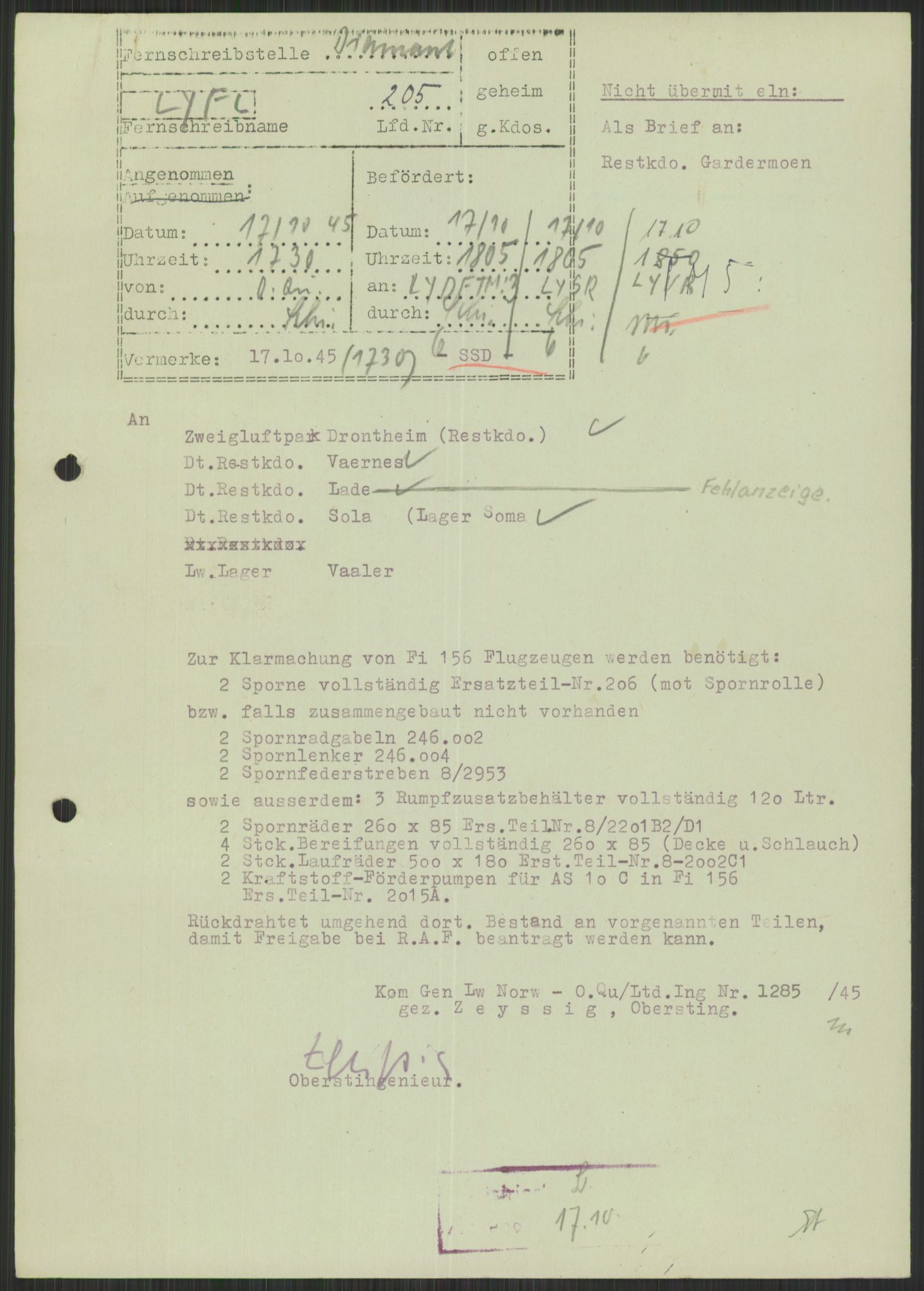 Deutscher Oberbefehlshaber Norwegen (DOBN), AV/RA-RAFA-2197/D/Di/L0066: AOK 20/WBN-DOBN Luftwaffe/Komm G. d.Dt.Lw. in Norwegen, 1945, p. 765