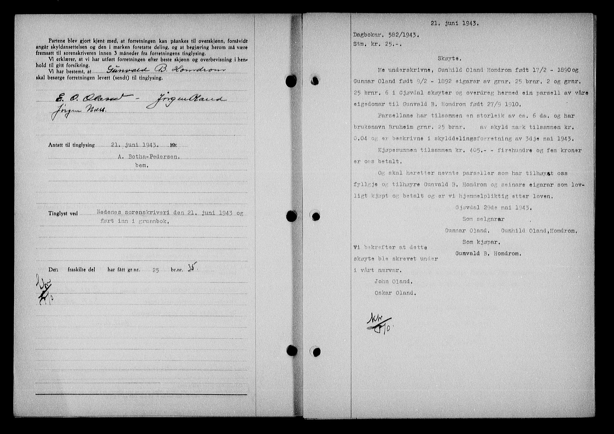 Nedenes sorenskriveri, SAK/1221-0006/G/Gb/Gba/L0050: Mortgage book no. A-IV, 1942-1943, Diary no: : 582/1943