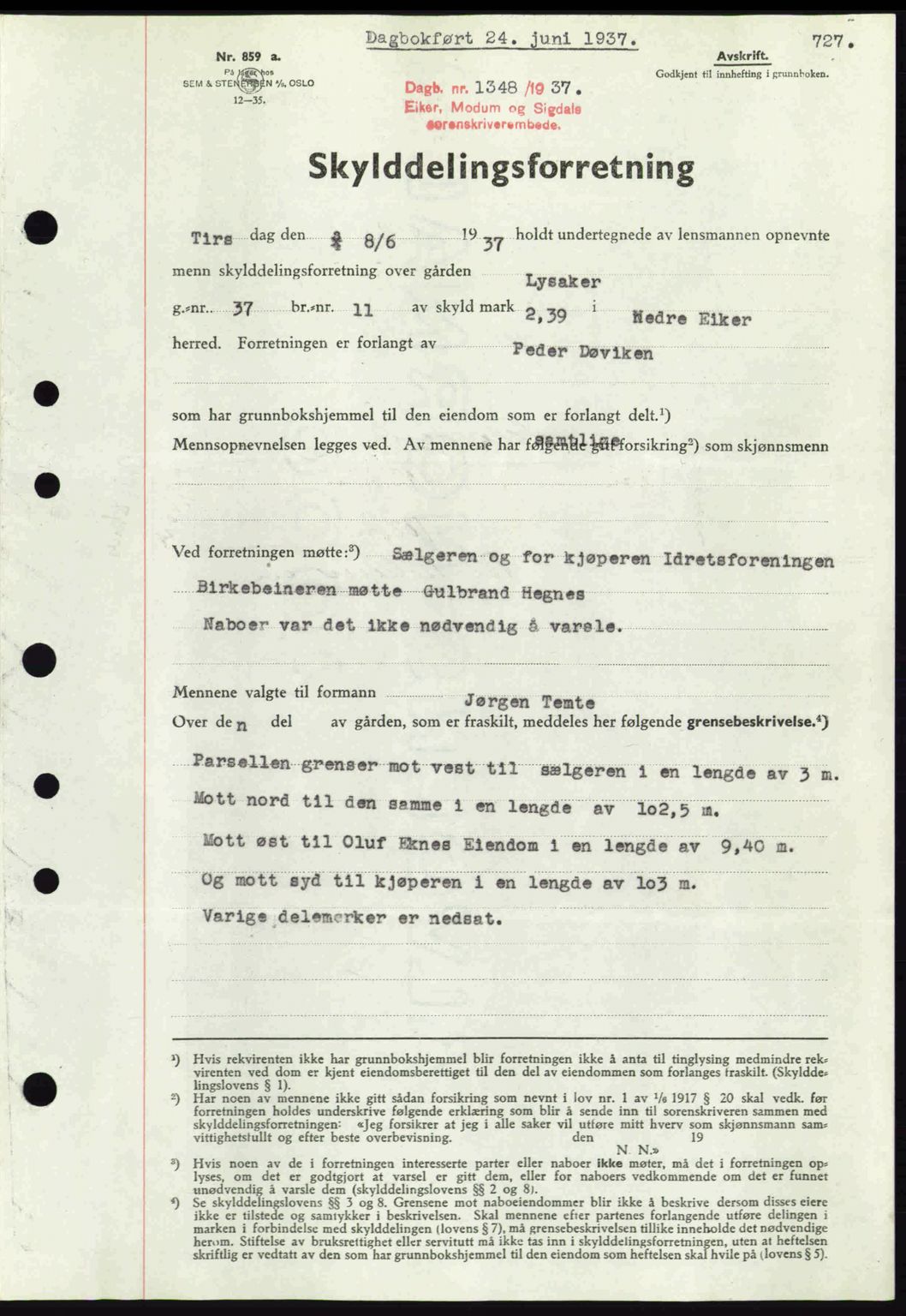 Eiker, Modum og Sigdal sorenskriveri, SAKO/A-123/G/Ga/Gab/L0035: Mortgage book no. A5, 1937-1937, Diary no: : 1348/1937