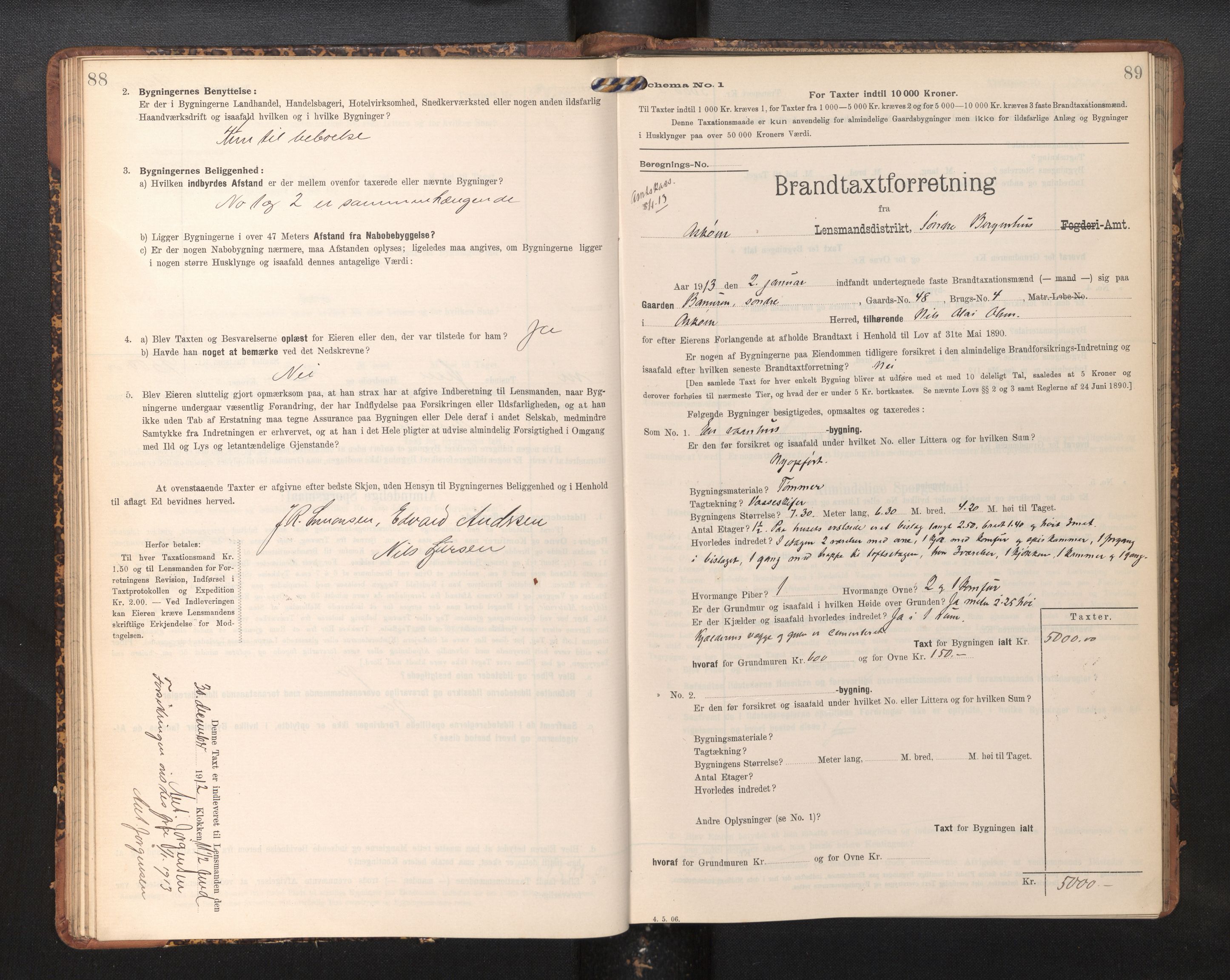 Lensmannen i Askøy, AV/SAB-A-31001/0012/L0006: Branntakstprotokoll, skjematakst, Laksevåg, 1907-1917, p. 88-89