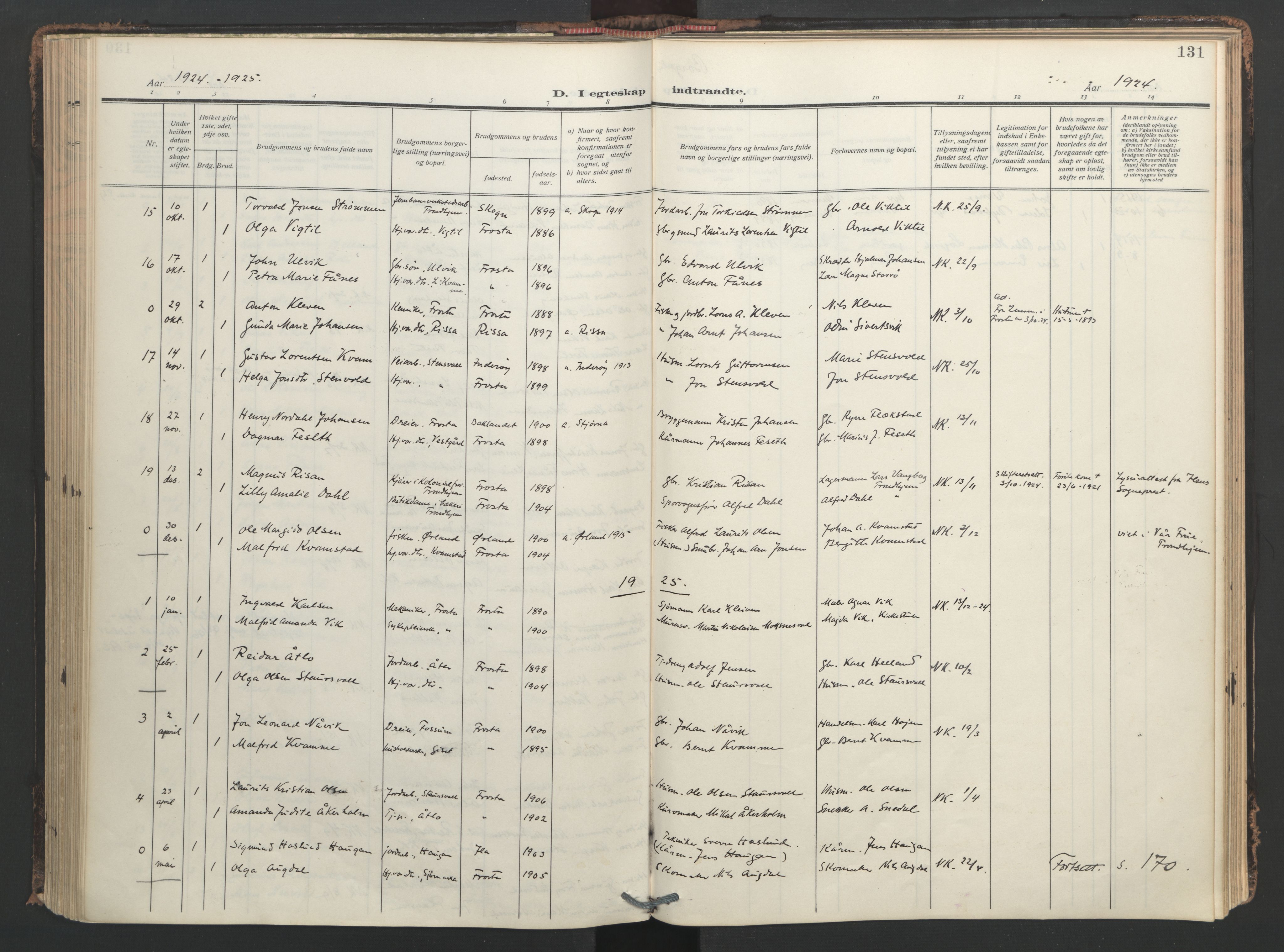 Ministerialprotokoller, klokkerbøker og fødselsregistre - Nord-Trøndelag, SAT/A-1458/713/L0123: Parish register (official) no. 713A12, 1911-1925, p. 131