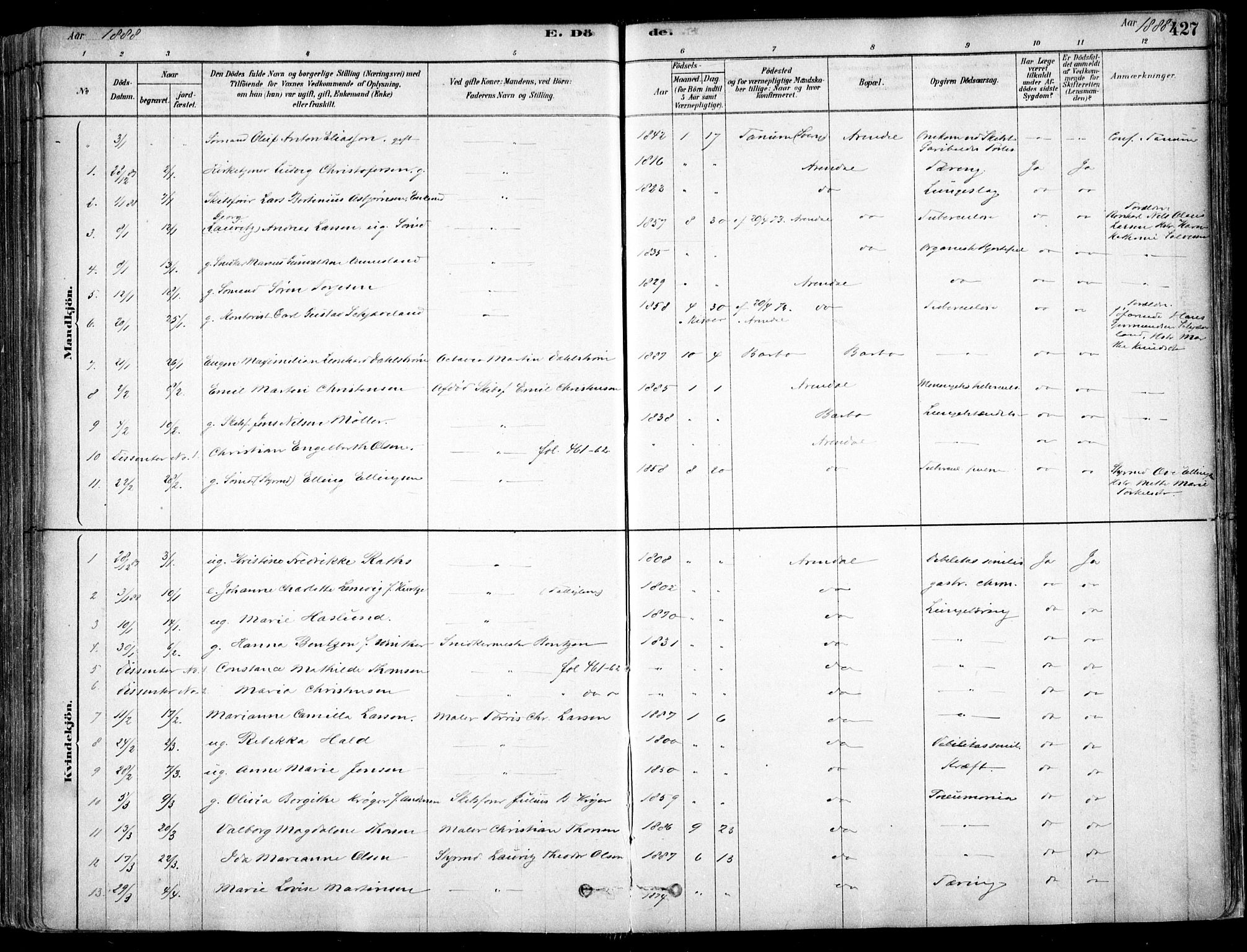 Arendal sokneprestkontor, Trefoldighet, SAK/1111-0040/F/Fa/L0008: Parish register (official) no. A 8, 1878-1899, p. 427