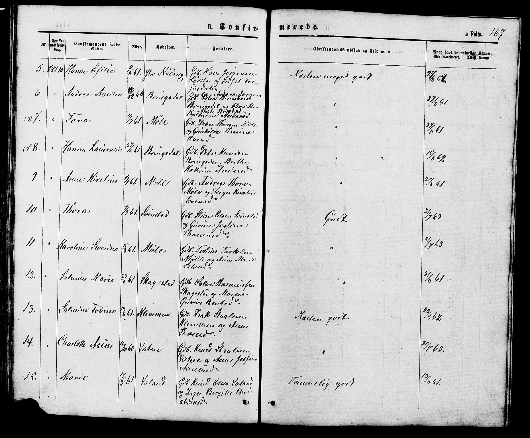 Holum sokneprestkontor, SAK/1111-0022/F/Fb/Fba/L0004: Parish register (copy) no. B 4, 1867-1890, p. 167