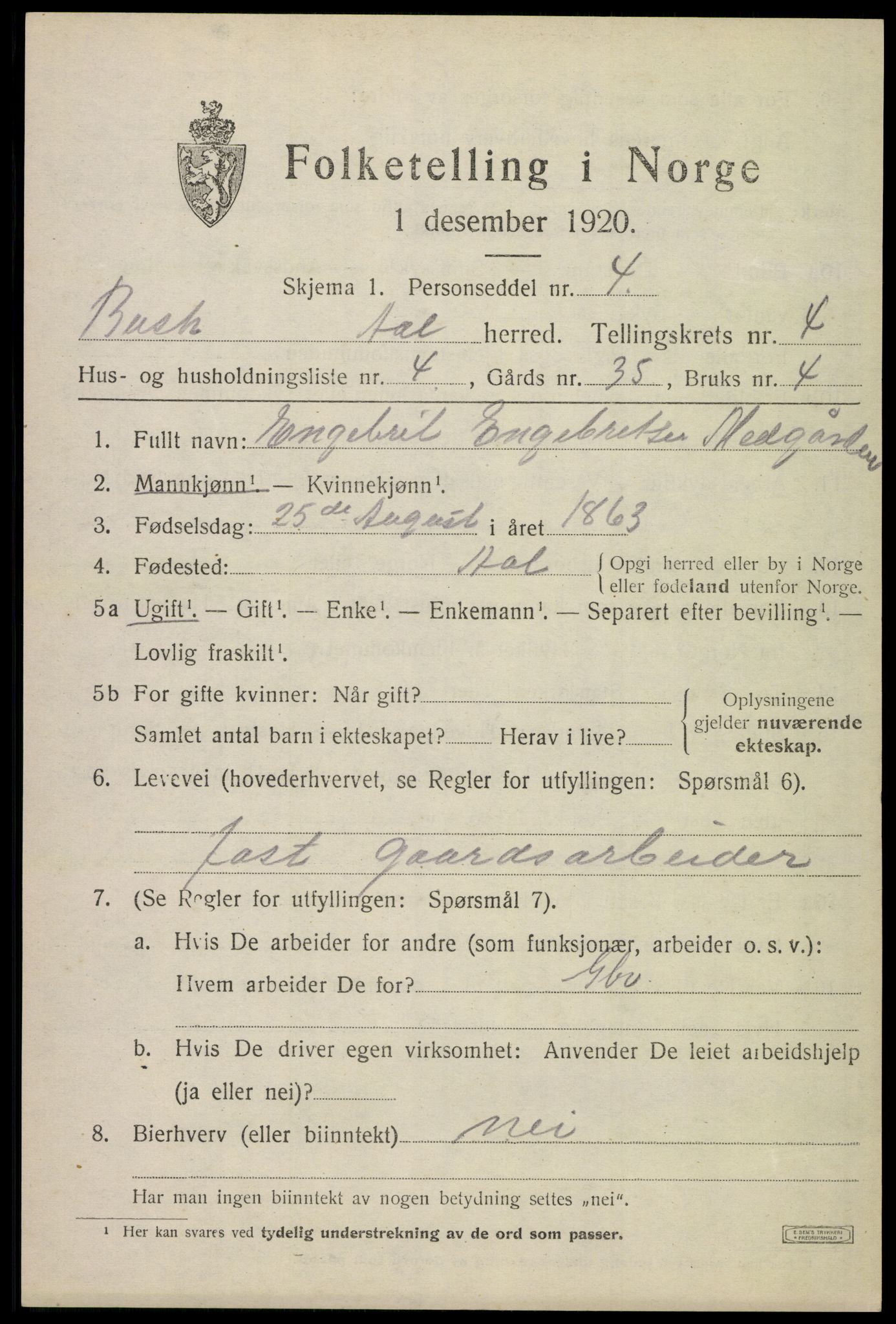 SAKO, 1920 census for Ål, 1920, p. 3090