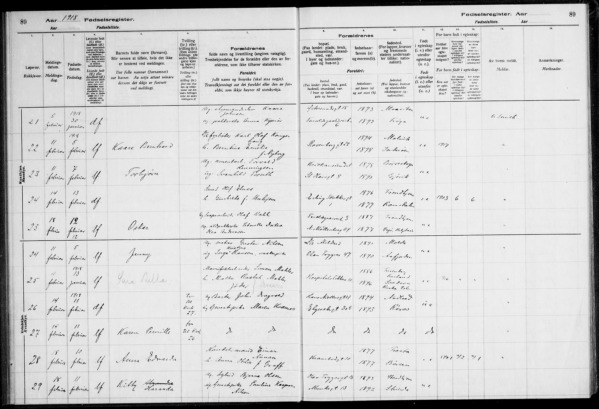 Ministerialprotokoller, klokkerbøker og fødselsregistre - Sør-Trøndelag, AV/SAT-A-1456/600/L0002: Birth register no. 600.II.4.1, 1916-1920, p. 89