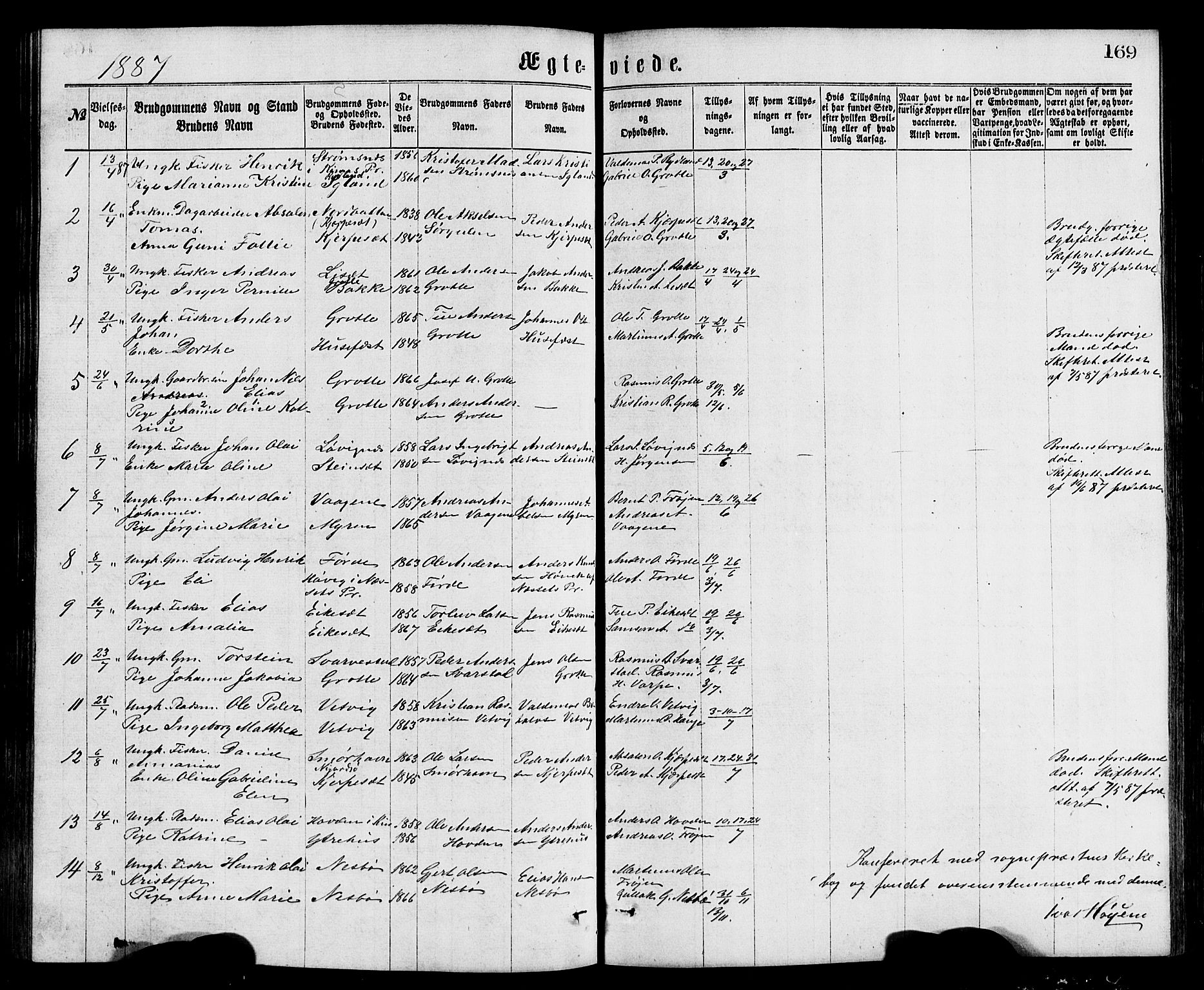 Bremanger sokneprestembete, SAB/A-82201/H/Hab/Haba/L0002: Parish register (copy) no. A 2, 1866-1889, p. 169