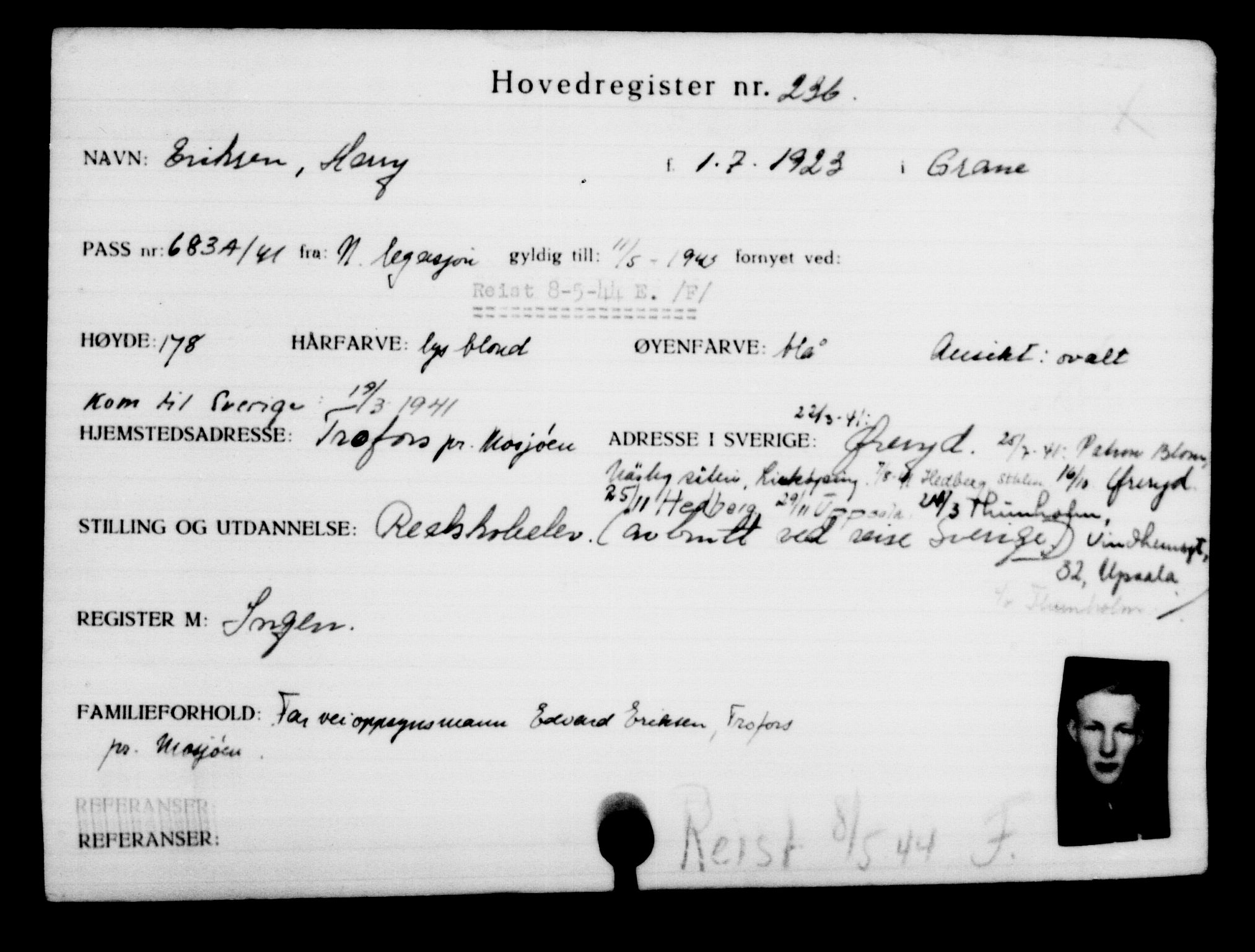 Utenriksstasjonene, Legasjonen i Stockholm, Flyktningkontoret, AV/RA-S-6753/V/Va/L0001: Kjesäterkartoteket, flyktninger med registreringsnr. 1-1000, 1940-1945, p. 377