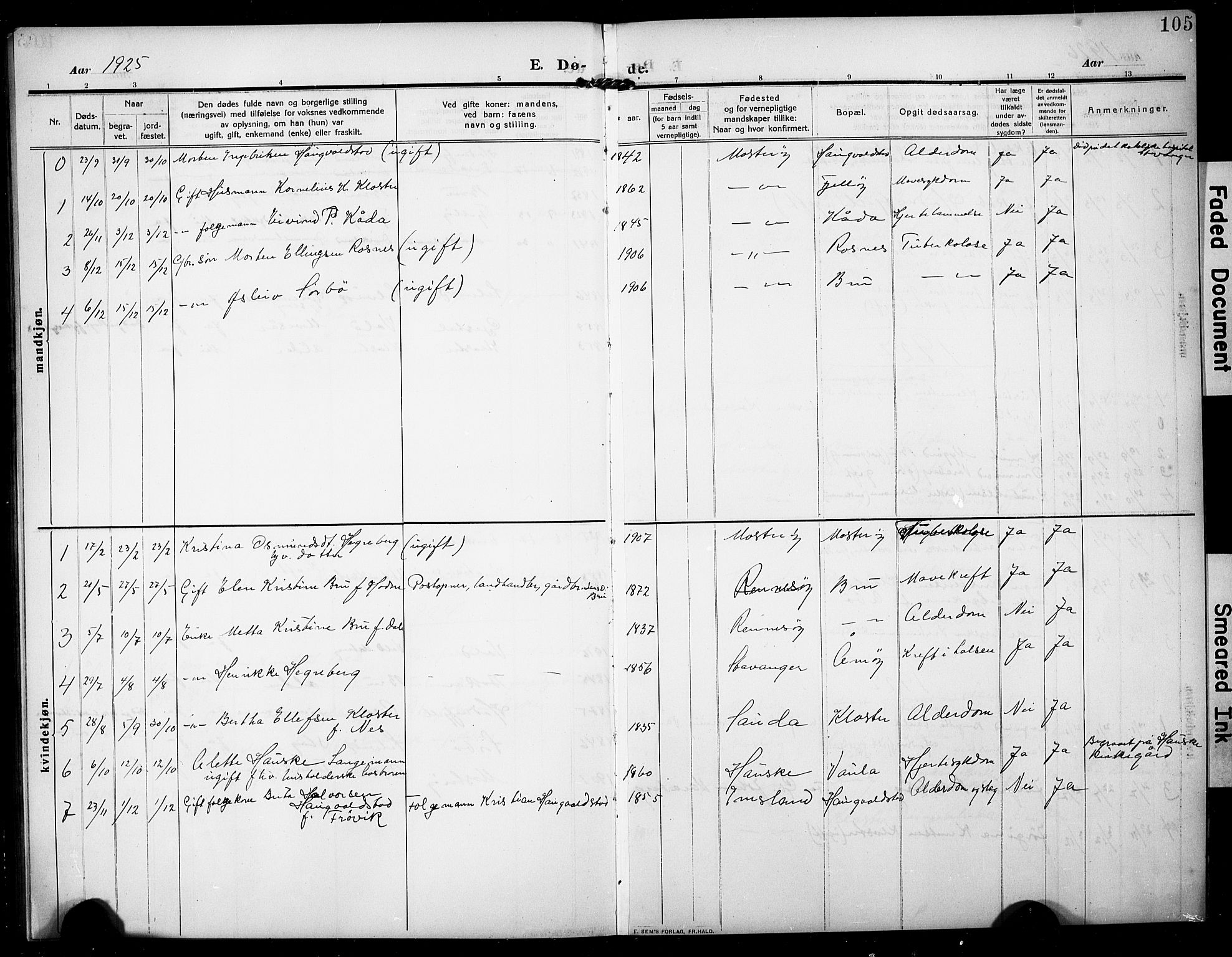 Rennesøy sokneprestkontor, SAST/A -101827/H/Ha/Hab/L0013: Parish register (copy) no. B 12, 1907-1928, p. 105