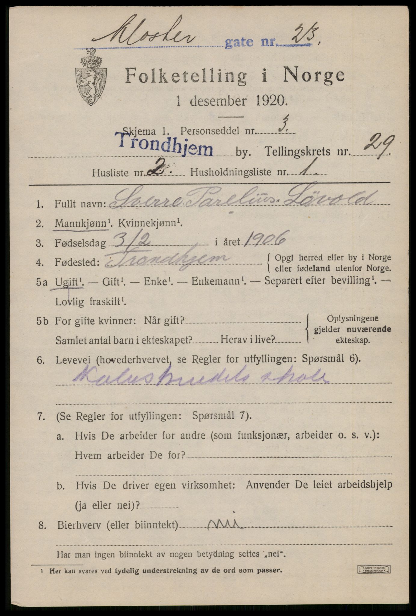 SAT, 1920 census for Trondheim, 1920, p. 72152