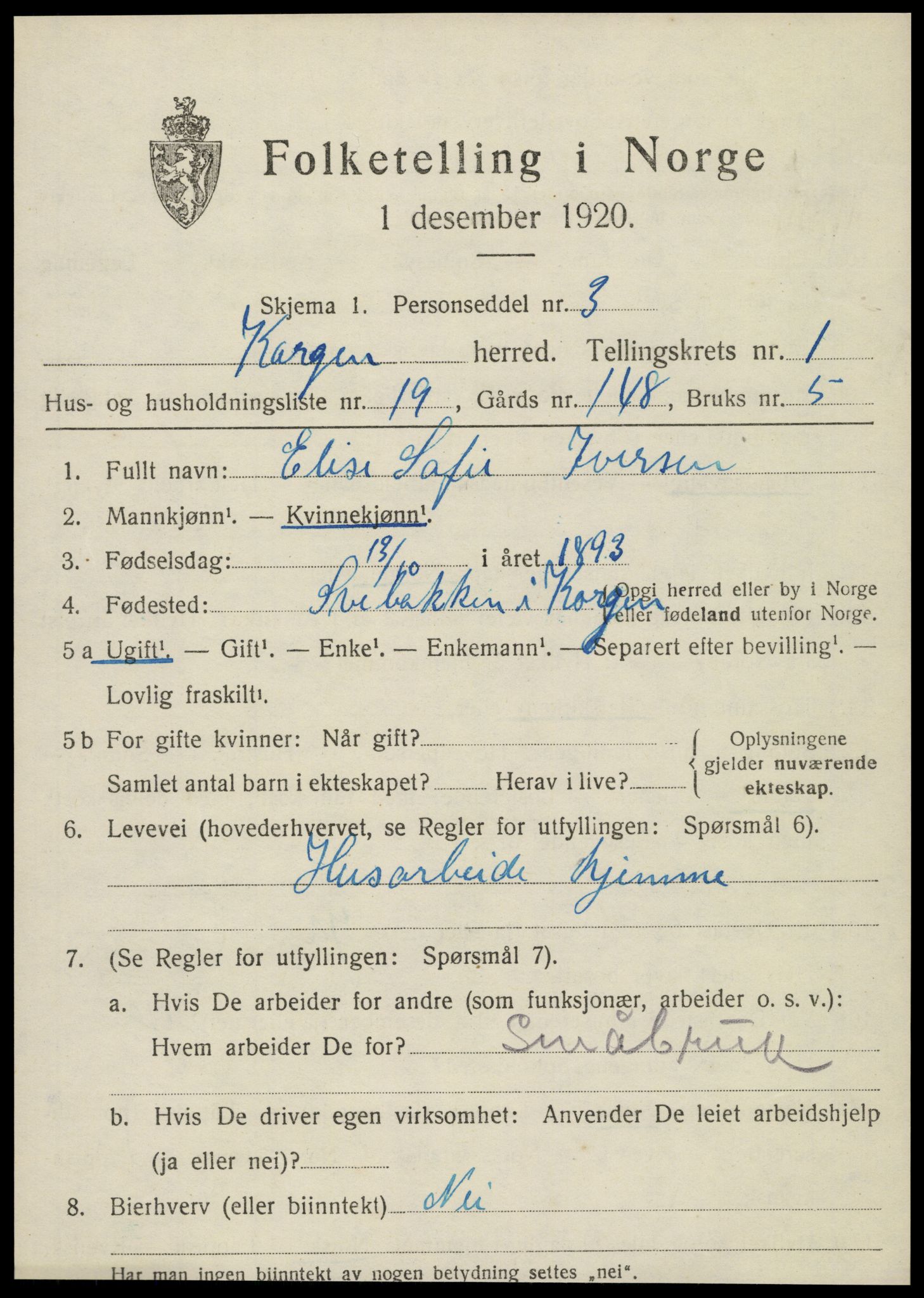 SAT, 1920 census for Korgen, 1920, p. 914