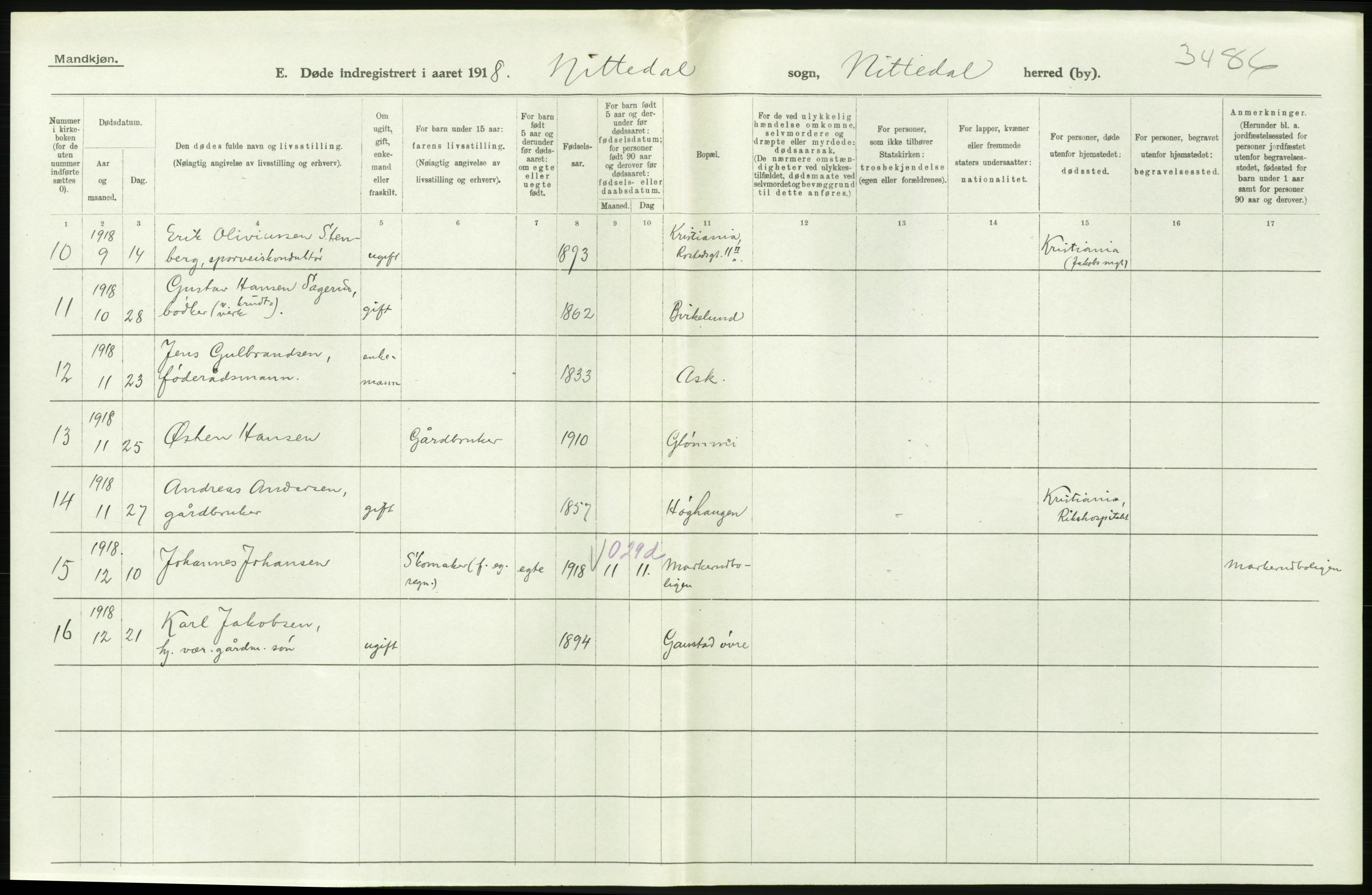 Statistisk sentralbyrå, Sosiodemografiske emner, Befolkning, RA/S-2228/D/Df/Dfb/Dfbh/L0006: Akershus fylke: Døde. Bygder og byer., 1918, p. 290