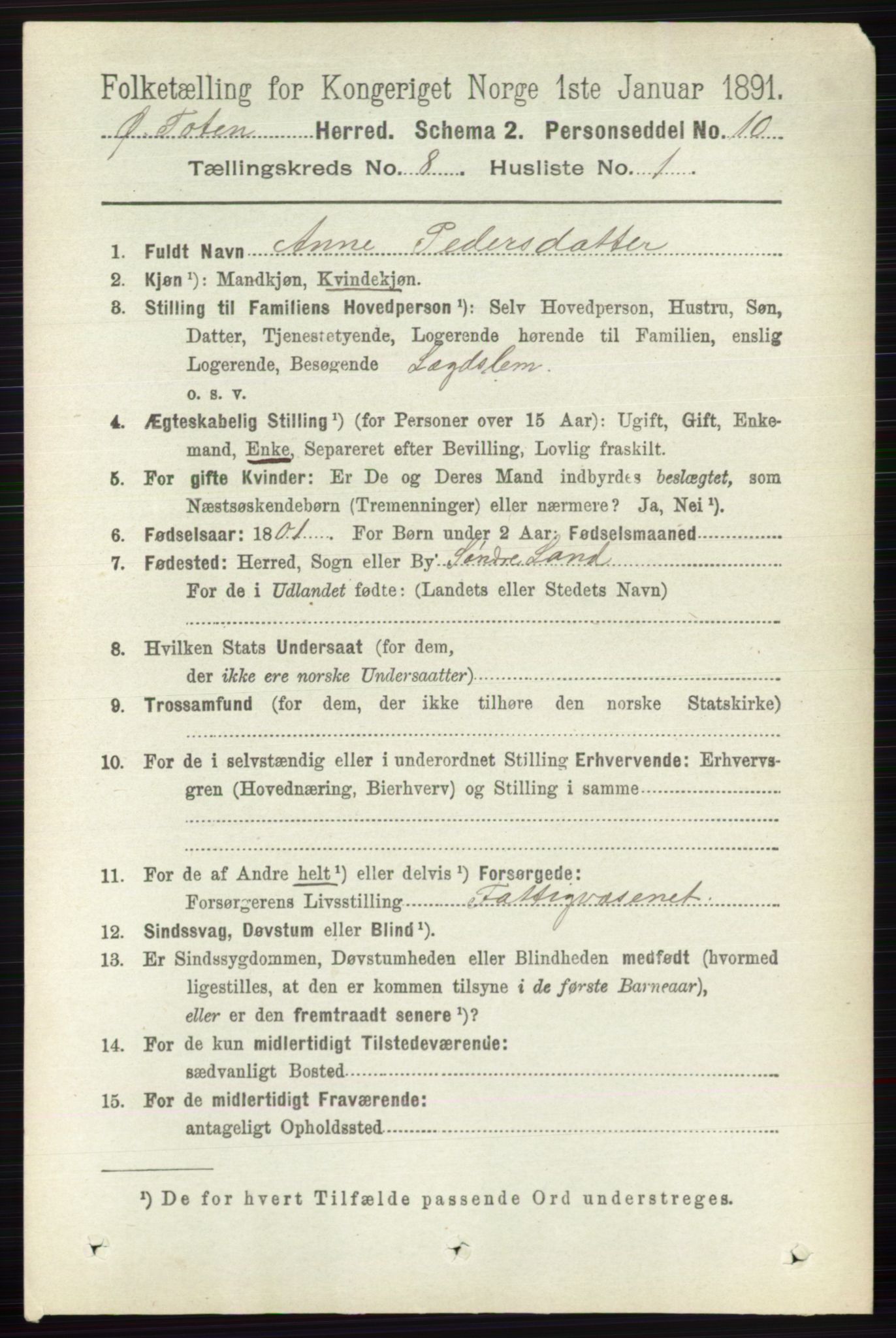 RA, 1891 census for 0528 Østre Toten, 1891, p. 5023