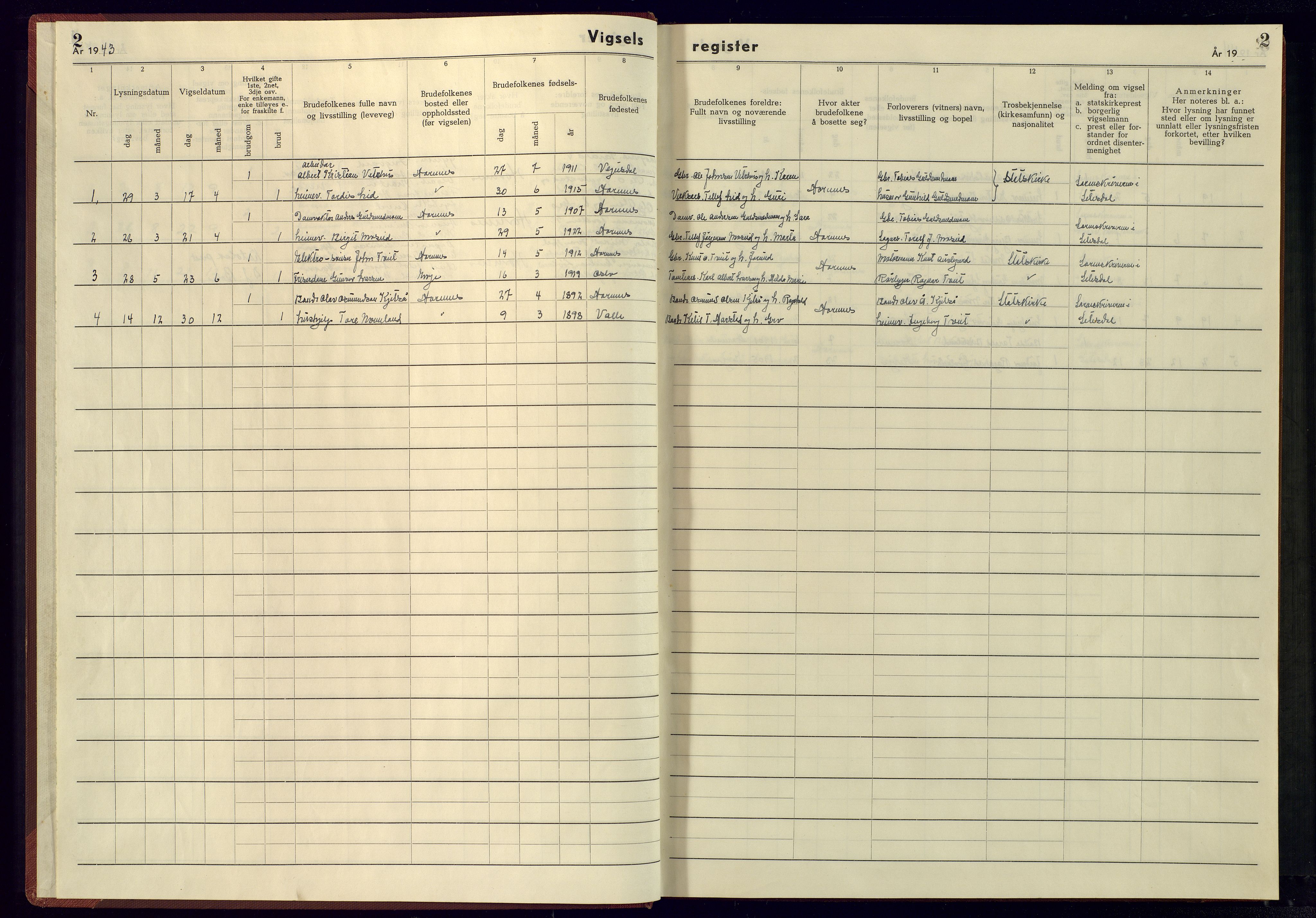 Evje sokneprestkontor, SAK/1111-0008/J/Je/L0005: Marriage register no. II.6.5, 1942-1945, p. 2