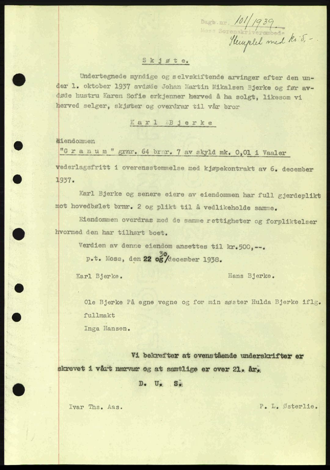 Moss sorenskriveri, SAO/A-10168: Mortgage book no. A5, 1938-1939, Diary no: : 101/1939