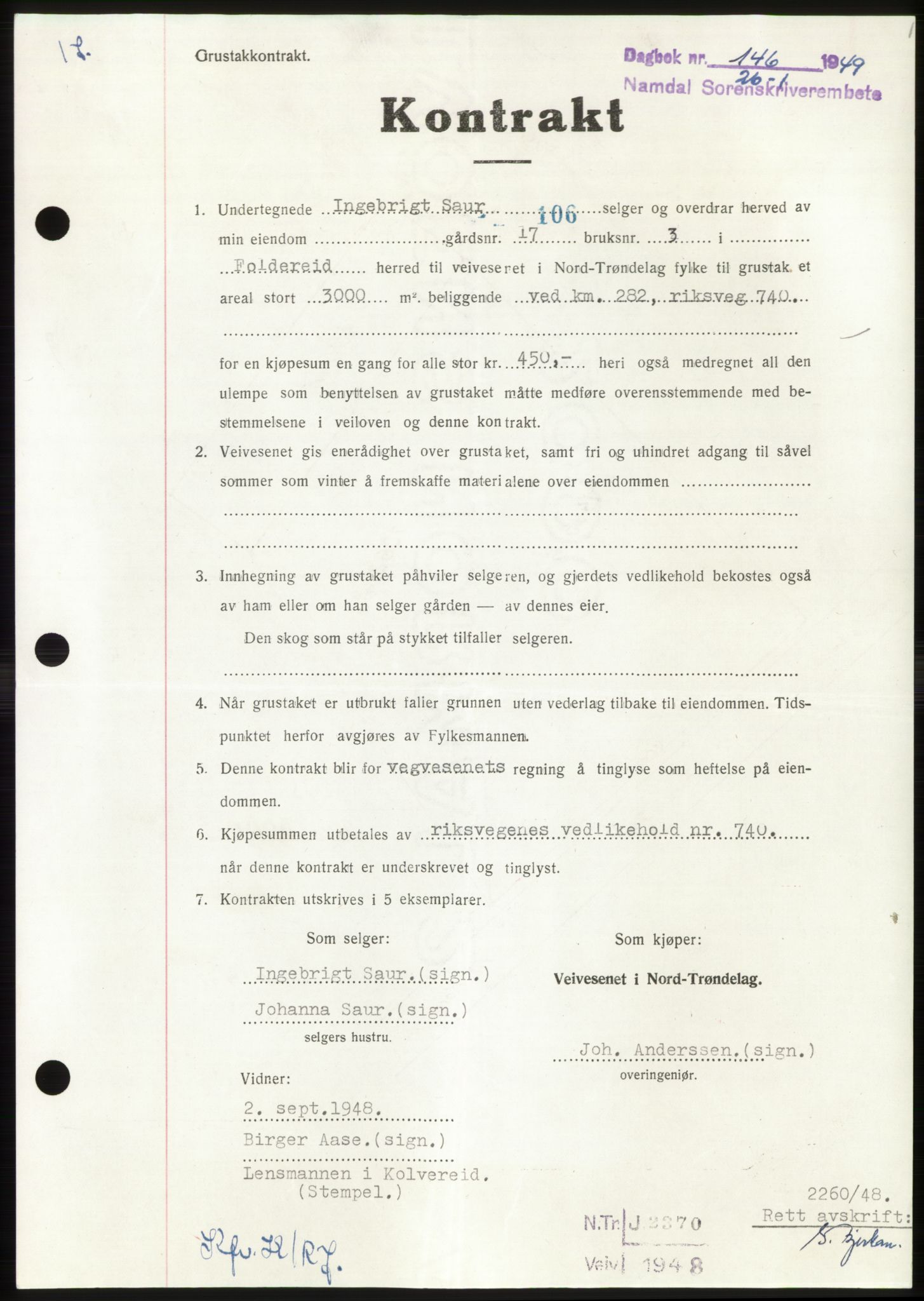 Namdal sorenskriveri, AV/SAT-A-4133/1/2/2C: Mortgage book no. -, 1949-1949, Diary no: : 146/1949