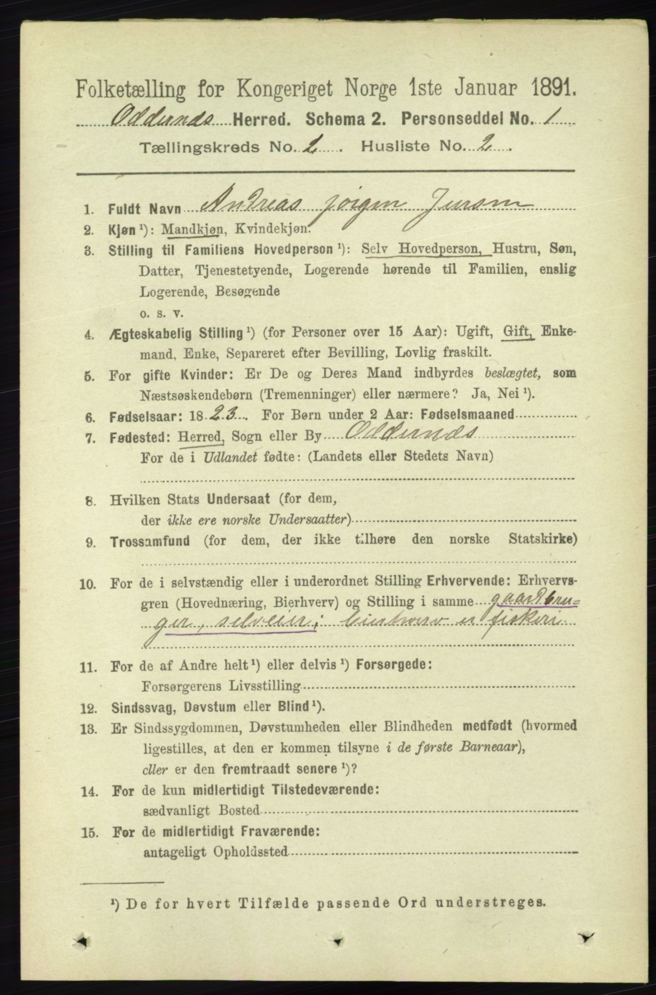 RA, 1891 census for 1012 Oddernes, 1891, p. 566