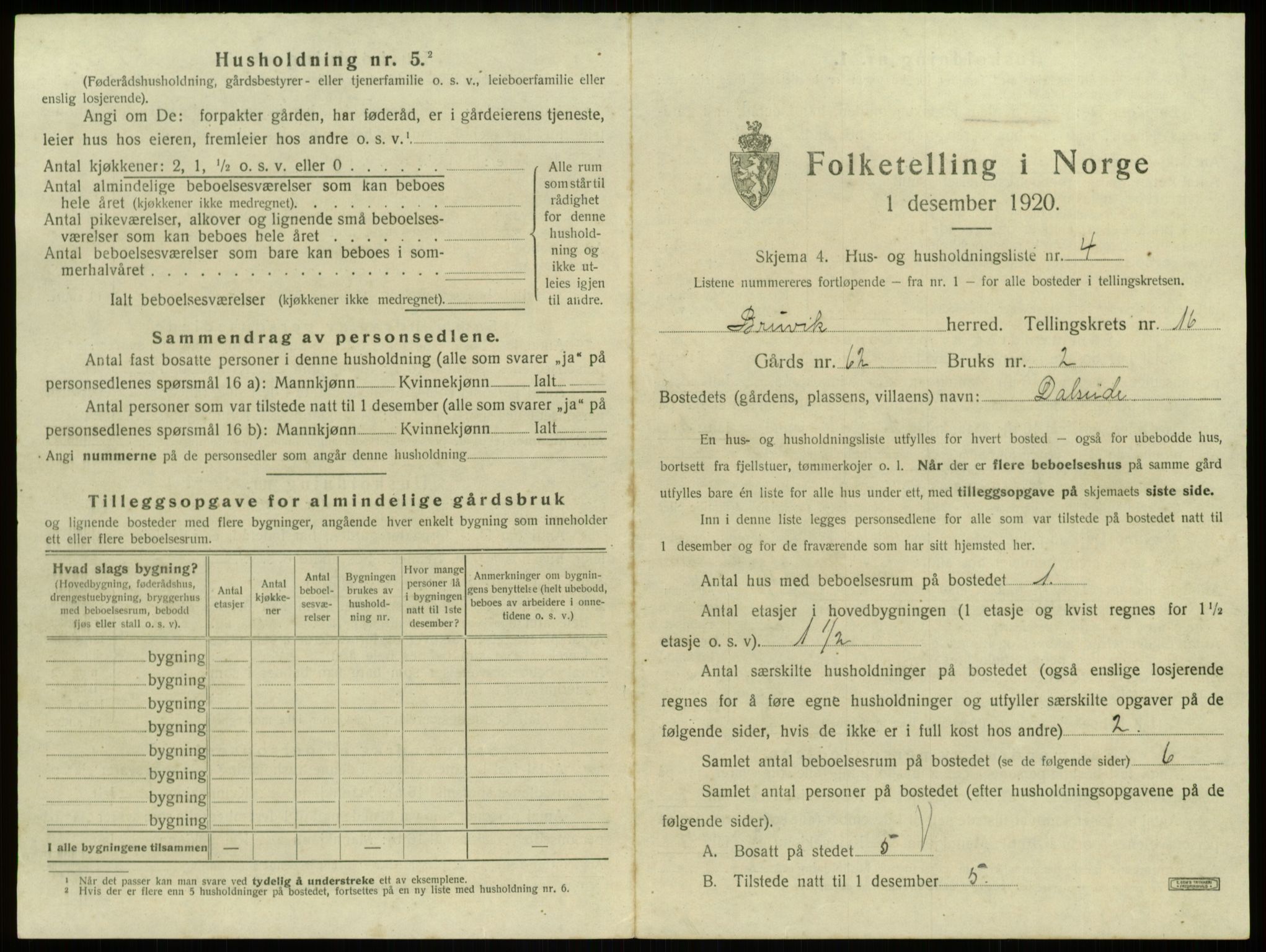 SAB, 1920 census for Bruvik, 1920, p. 1078