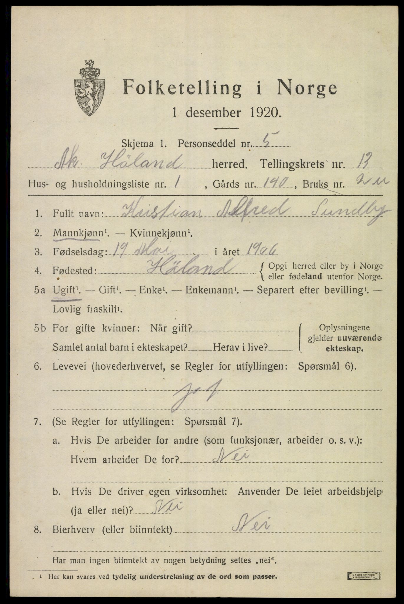 SAO, 1920 census for Høland, 1920, p. 12723
