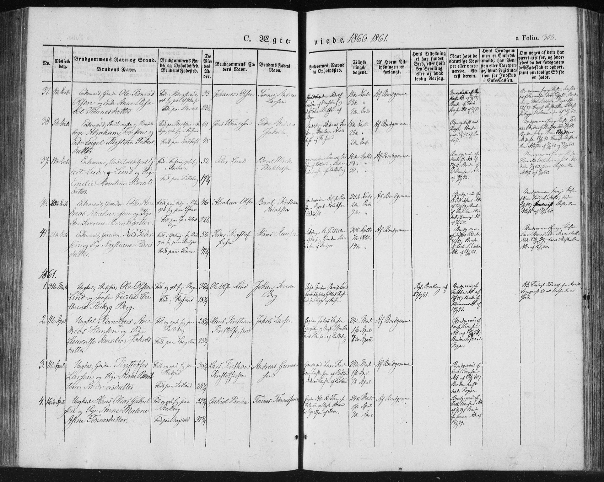 Lista sokneprestkontor, AV/SAK-1111-0027/F/Fa/L0010: Parish register (official) no. A 10, 1846-1861, p. 308