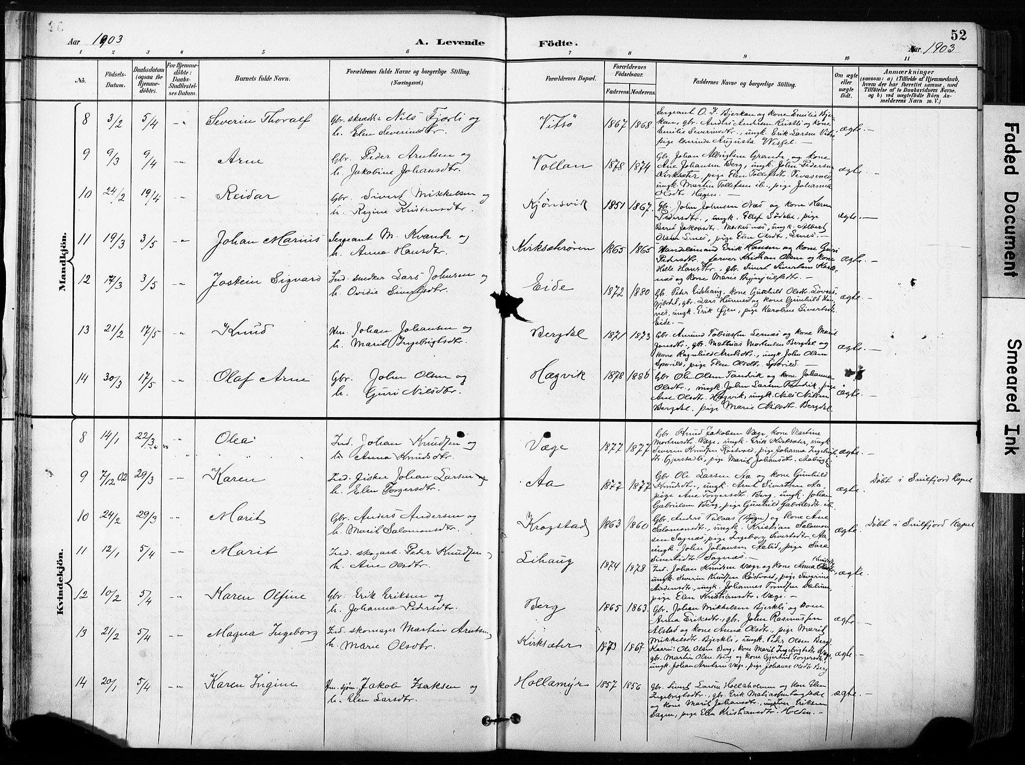 Ministerialprotokoller, klokkerbøker og fødselsregistre - Sør-Trøndelag, SAT/A-1456/630/L0497: Parish register (official) no. 630A10, 1896-1910, p. 52