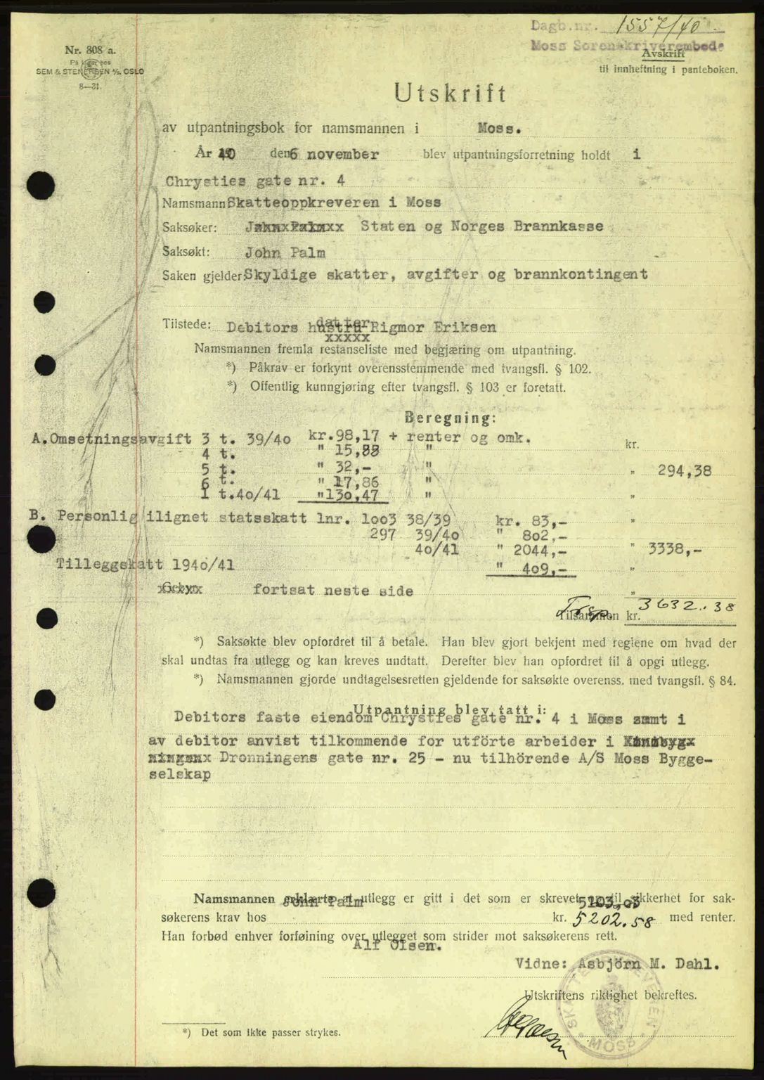 Moss sorenskriveri, SAO/A-10168: Mortgage book no. B10, 1940-1941, Diary no: : 1557/1940