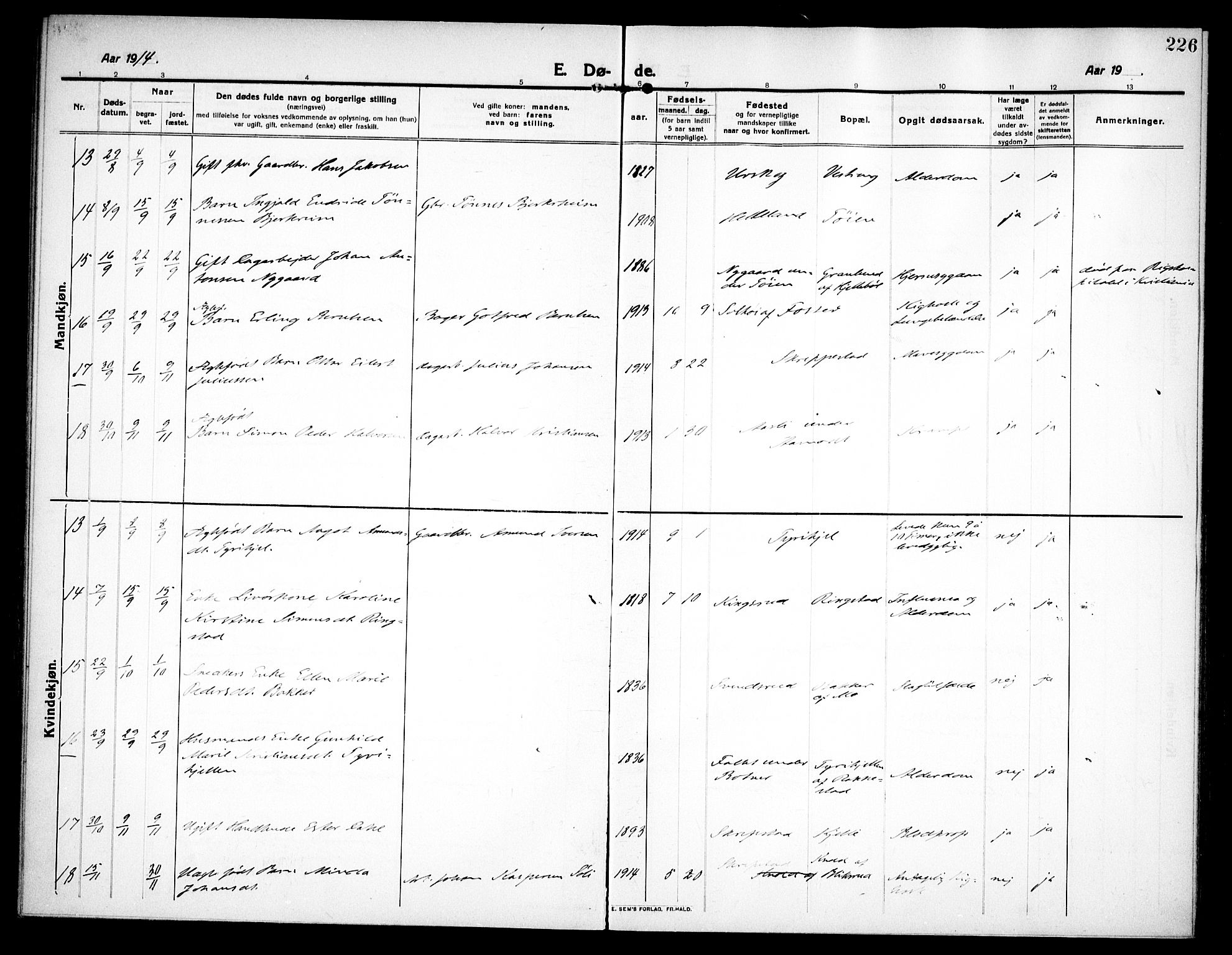 Høland prestekontor Kirkebøker, SAO/A-10346a/F/Fa/L0016: Parish register (official) no. I 16, 1912-1921, p. 226