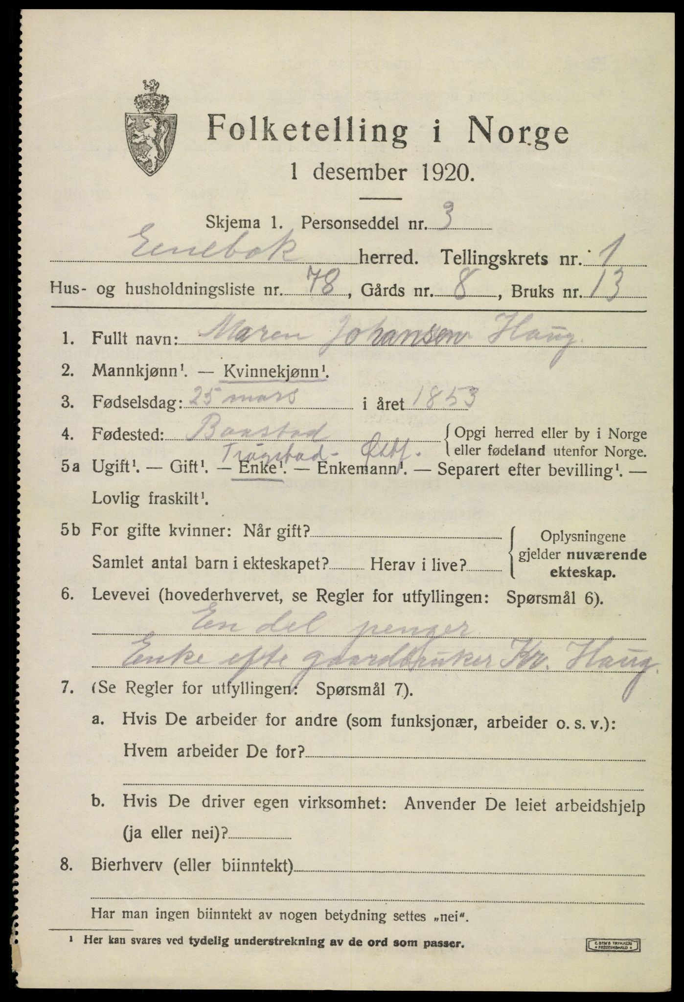 SAO, 1920 census for Enebakk, 1920, p. 2031