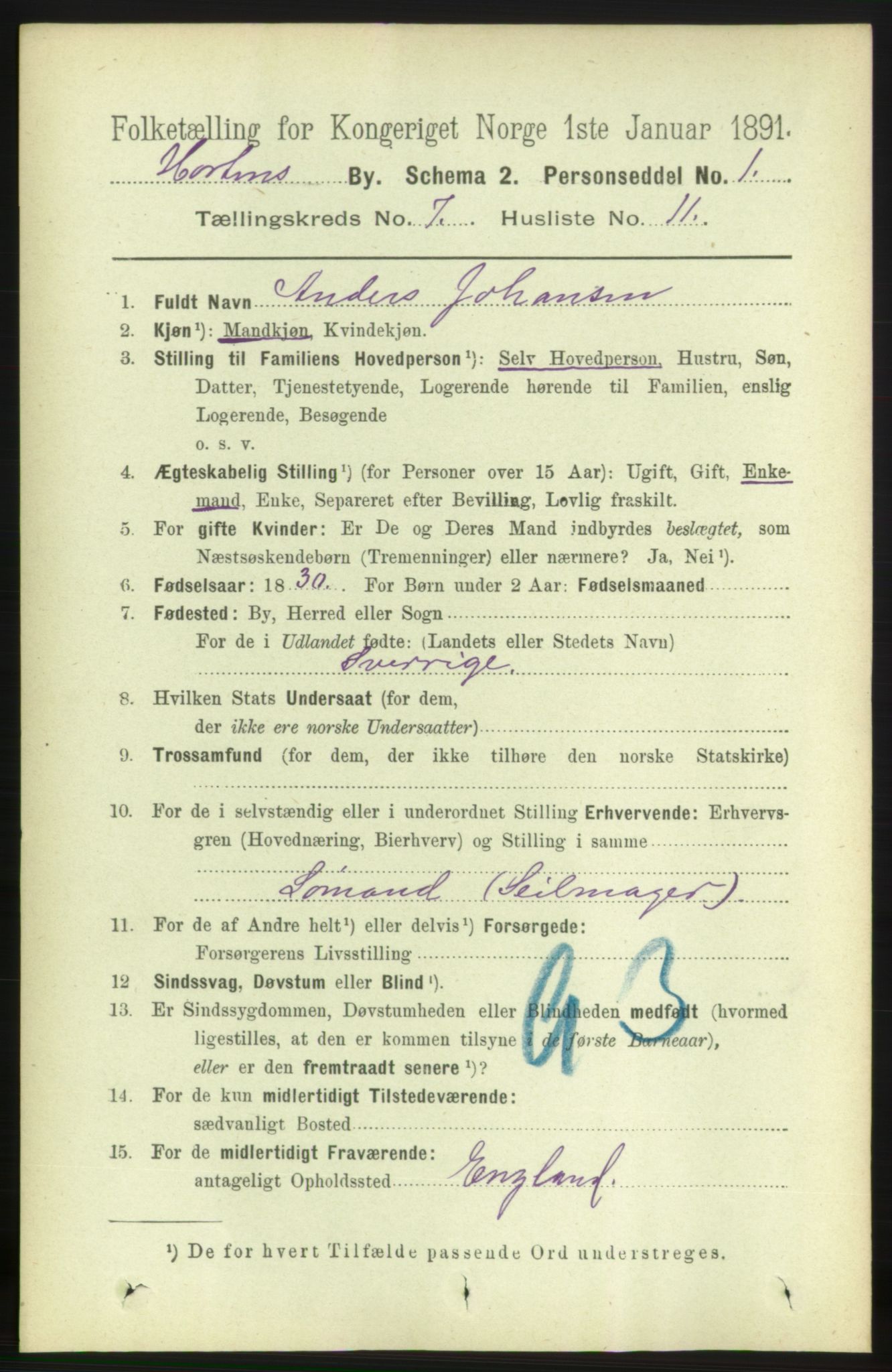 RA, 1891 census for 0703 Horten, 1891, p. 4488