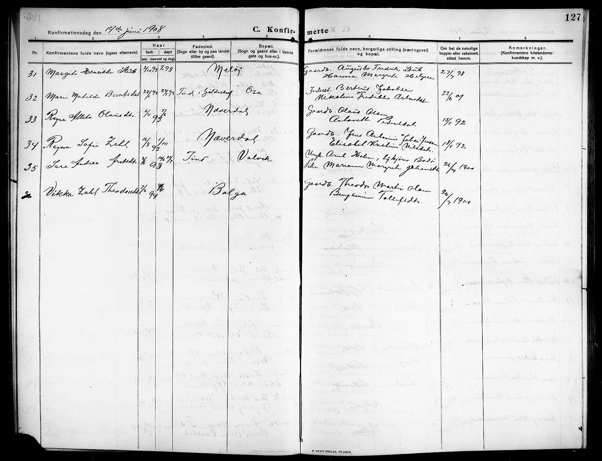 Ministerialprotokoller, klokkerbøker og fødselsregistre - Nordland, AV/SAT-A-1459/843/L0639: Parish register (copy) no. 843C08, 1908-1924, p. 127