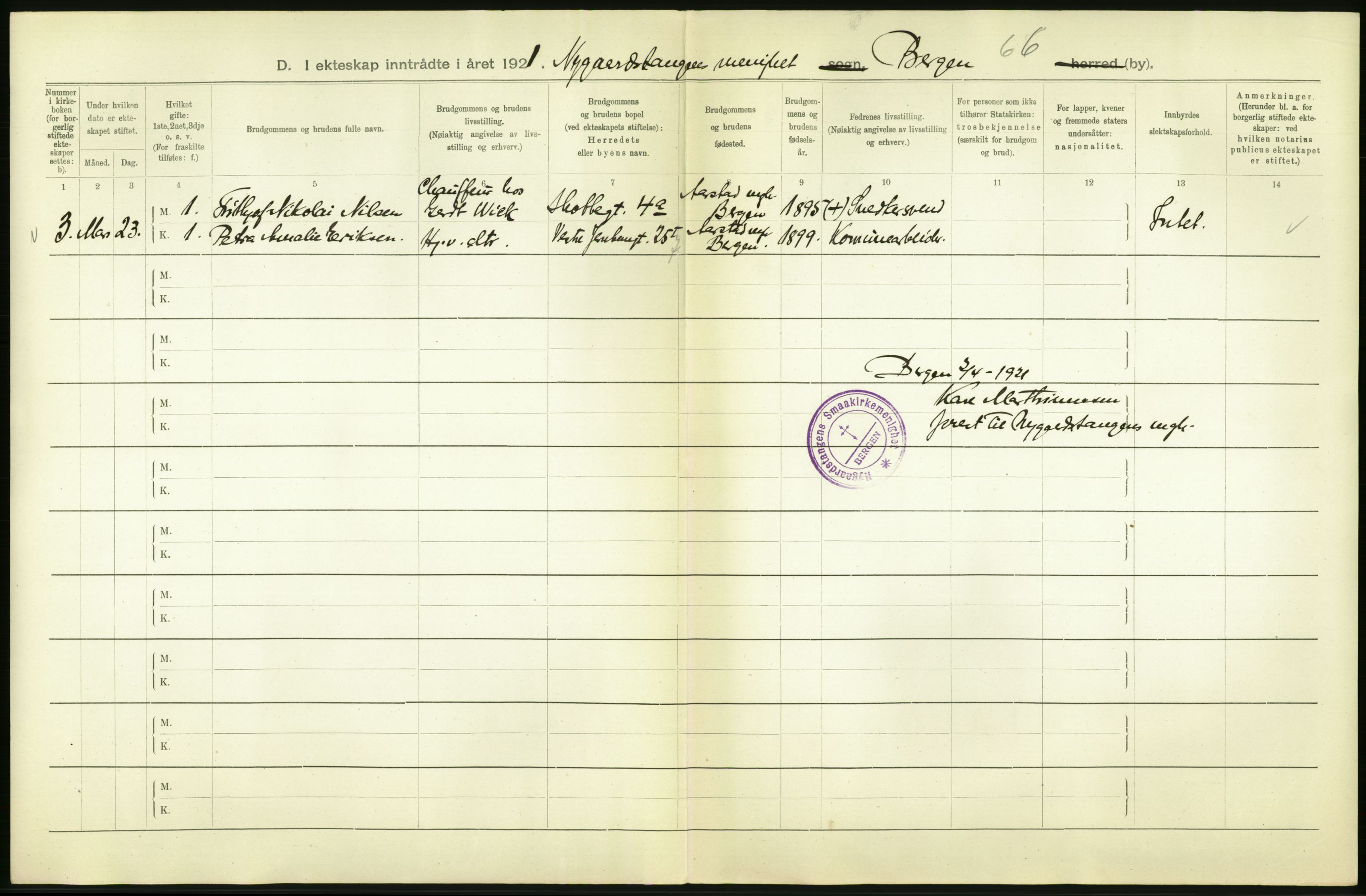 Statistisk sentralbyrå, Sosiodemografiske emner, Befolkning, AV/RA-S-2228/D/Df/Dfc/Dfca/L0035: Bergen: Gifte, dødfødte., 1921, p. 6