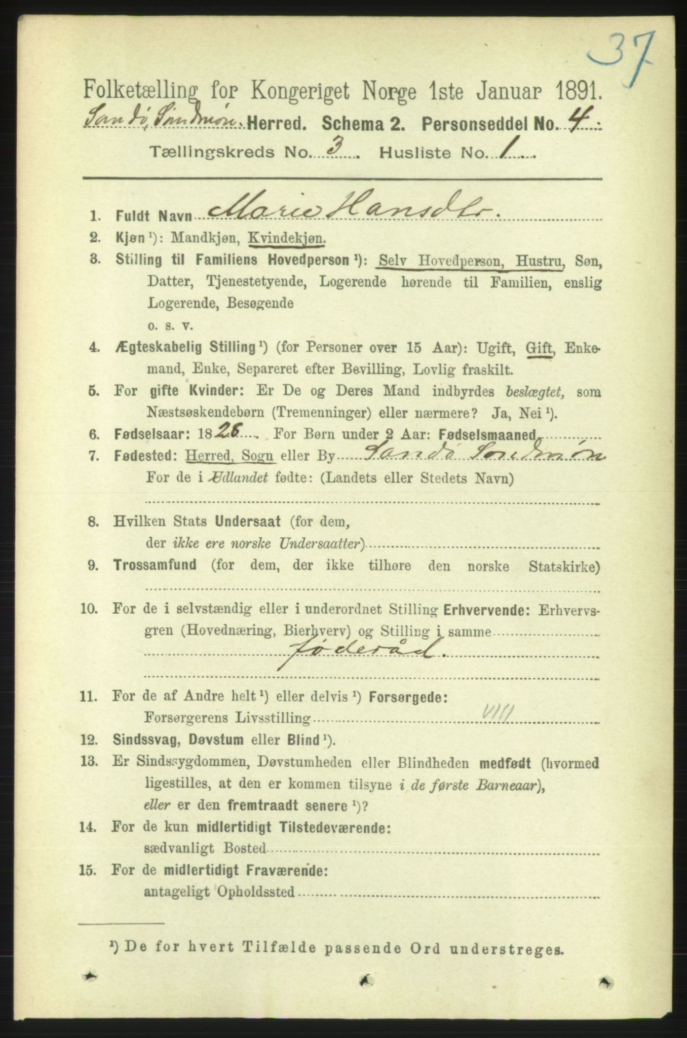 RA, 1891 census for 1514 Sande, 1891, p. 457