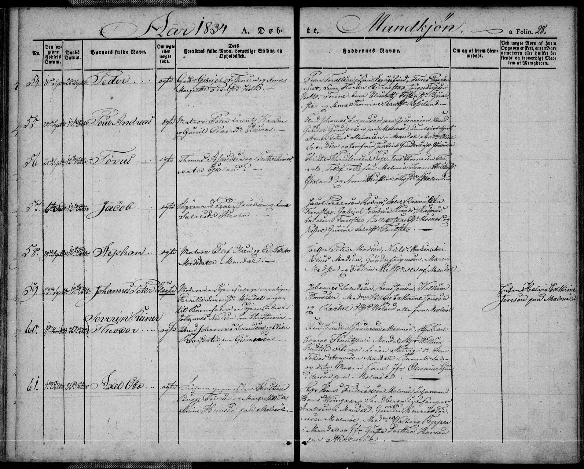 Mandal sokneprestkontor, AV/SAK-1111-0030/F/Fa/Faa/L0011: Parish register (official) no. A 11, 1830-1839, p. 28