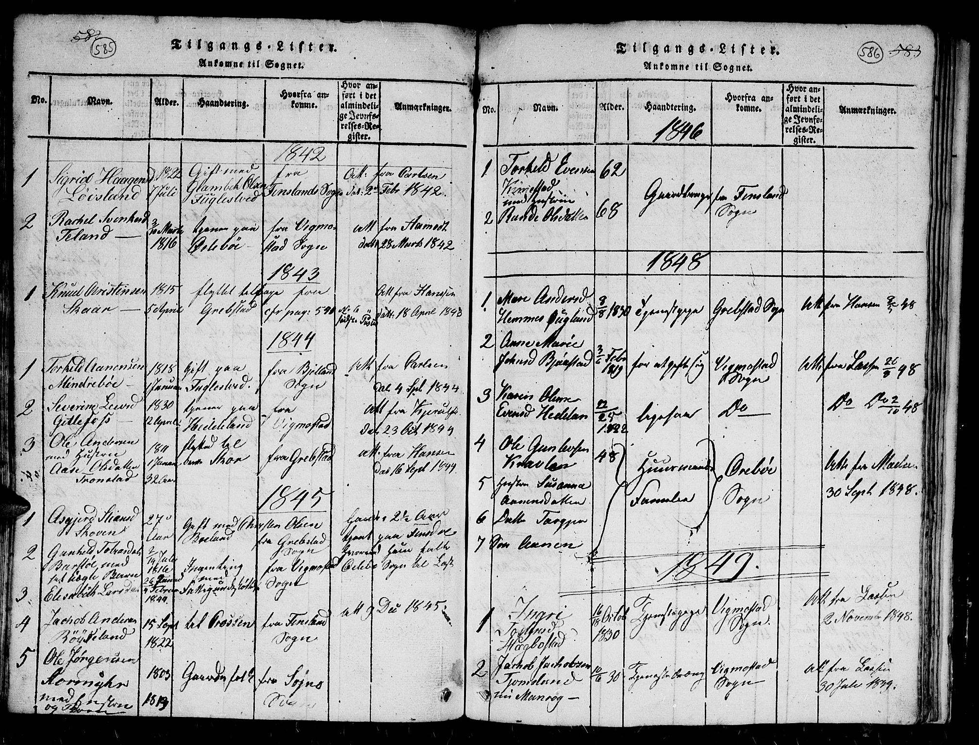 Holum sokneprestkontor, AV/SAK-1111-0022/F/Fb/Fbc/L0001: Parish register (copy) no. B 1, 1820-1859, p. 585-586