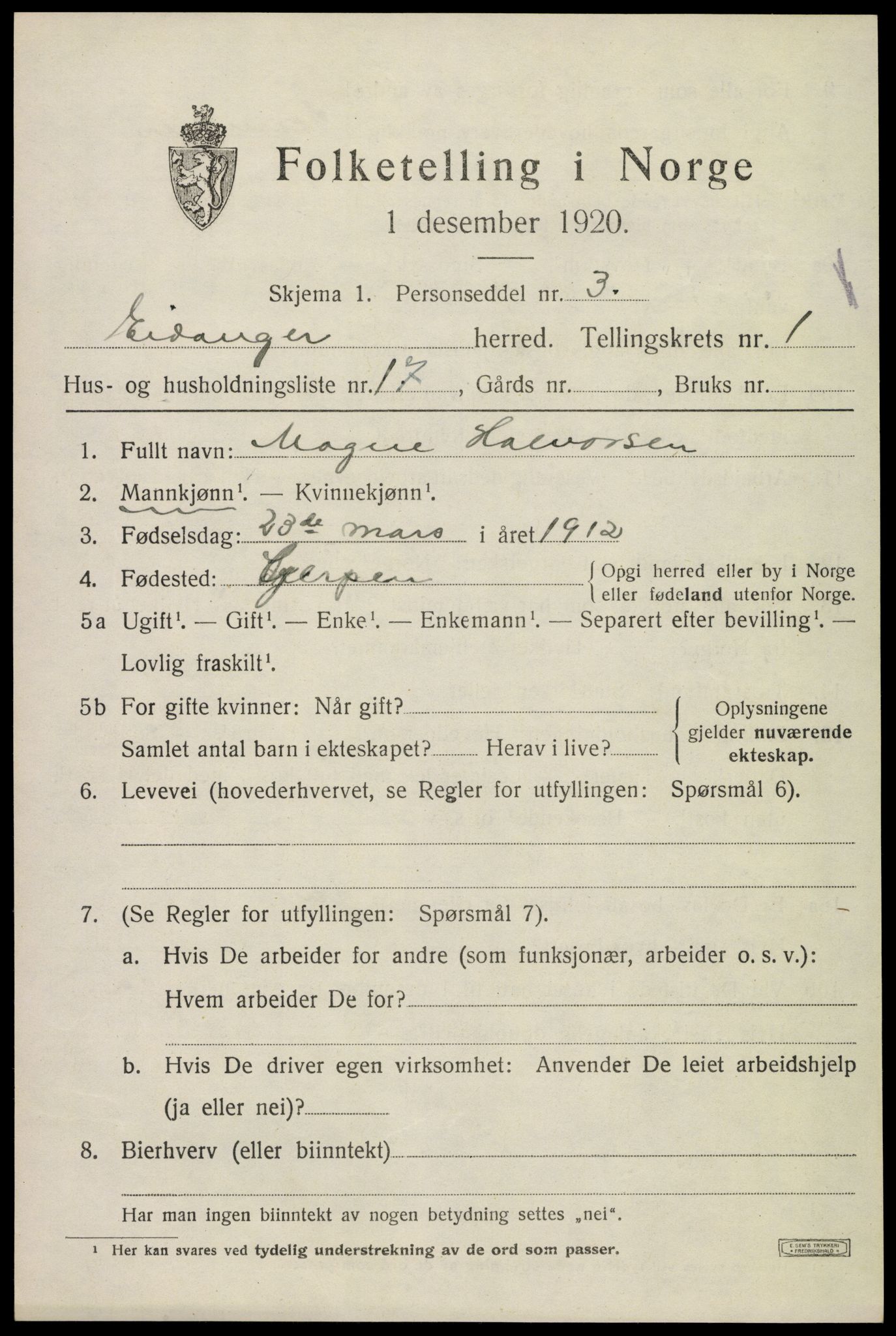 SAKO, 1920 census for Eidanger, 1920, p. 1818