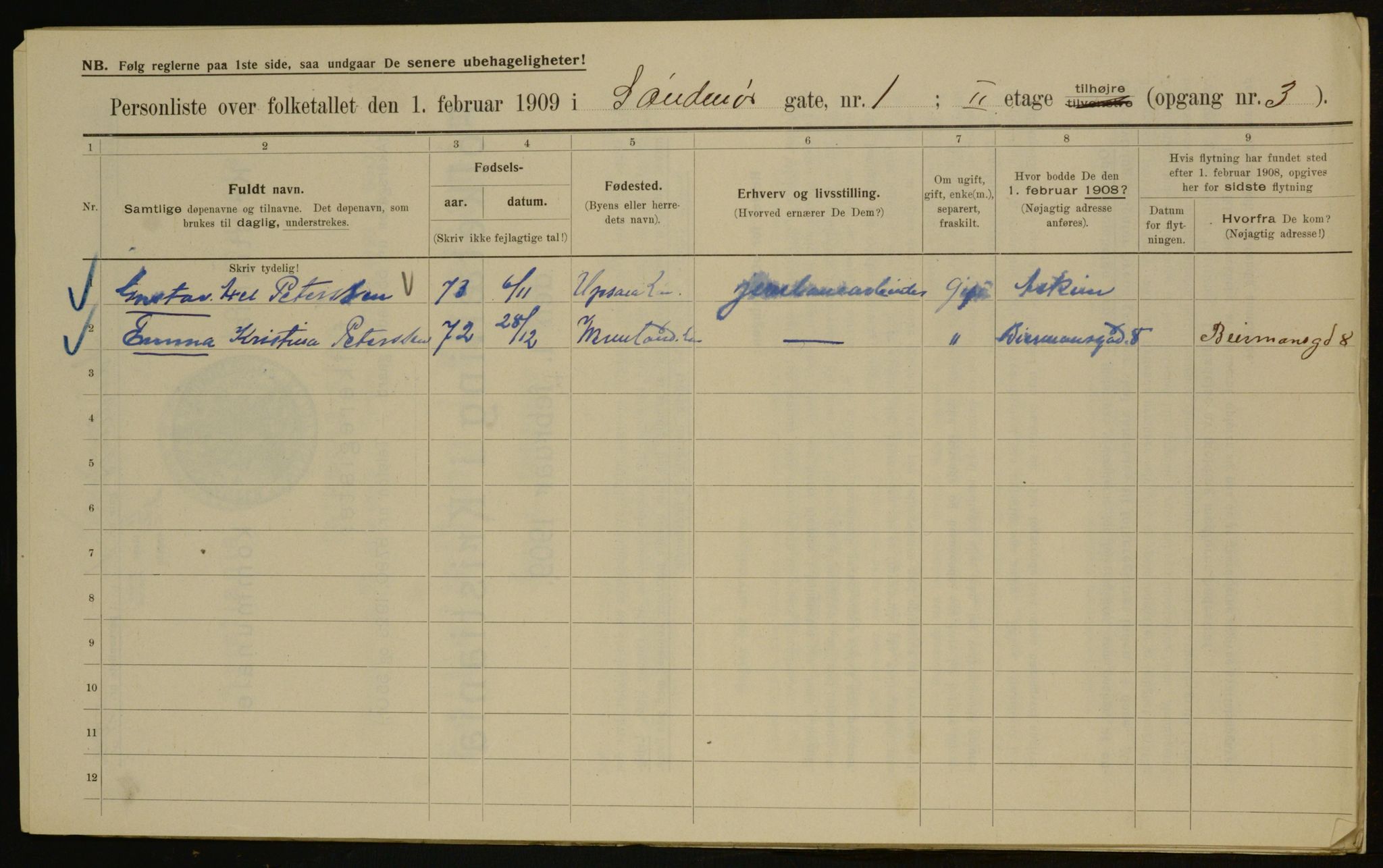 OBA, Municipal Census 1909 for Kristiania, 1909, p. 94703