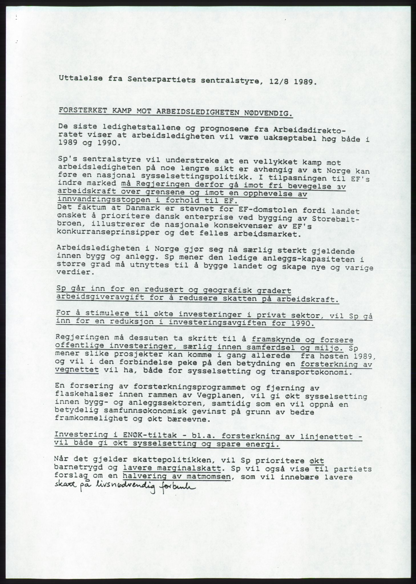 Forhandlingsmøtene 1989 mellom Høyre, KrF og Senterpartiet om dannelse av regjering, AV/RA-PA-0697/A/L0001: Forhandlingsprotokoll med vedlegg, 1989, p. 37