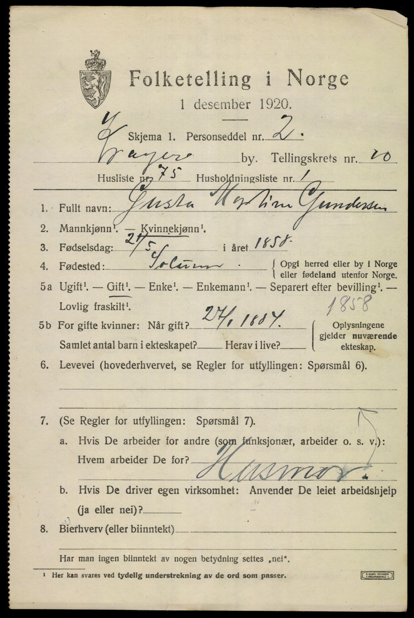 SAKO, 1920 census for Kragerø, 1920, p. 13889