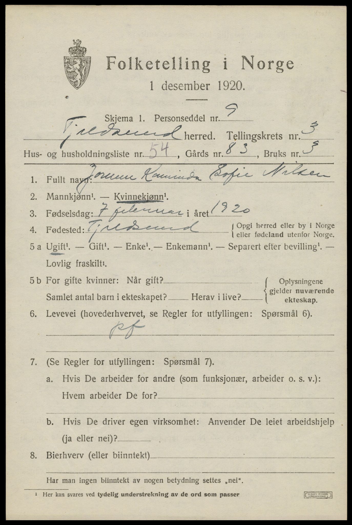 SAT, 1920 census for Tjeldsund, 1920, p. 2276