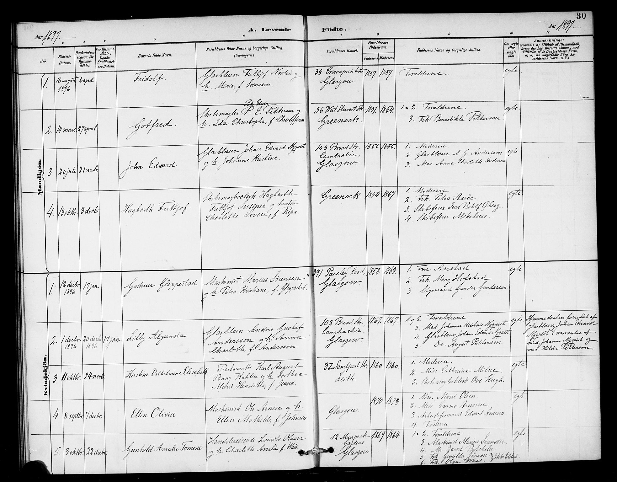 Den norske sjømannsmisjon i utlandet/Skotske havner (Leith, Glasgow), AV/SAB-SAB/PA-0100/H/Ha/Haa/L0003: Parish register (official) no. A 3, 1887-1898, p. 30