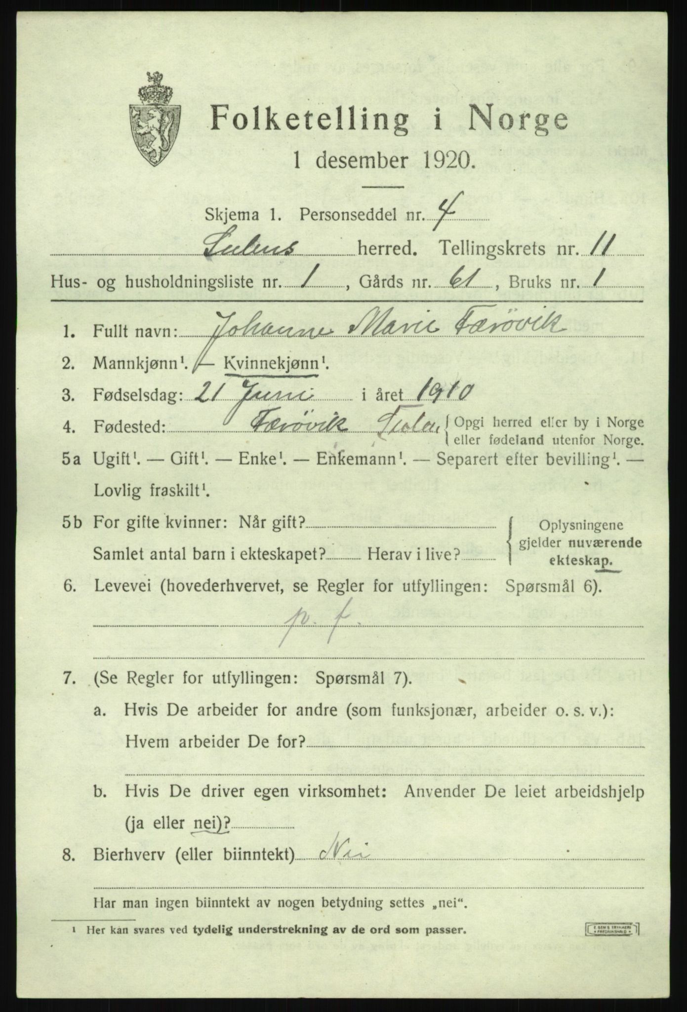 SAB, 1920 census for Solund, 1920, p. 3816