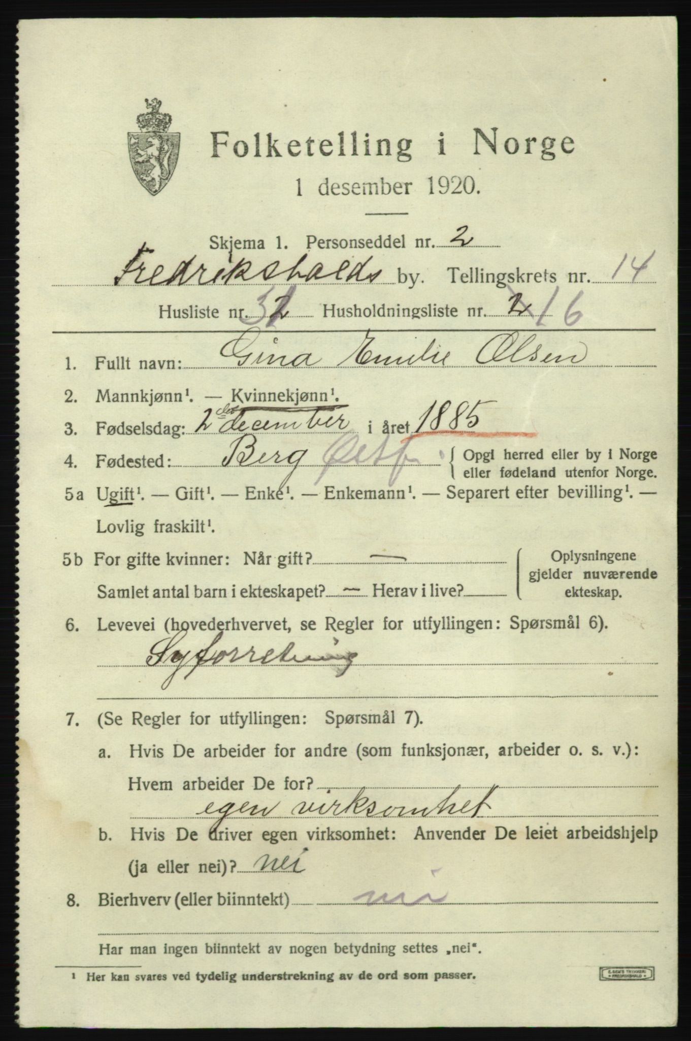 SAO, 1920 census for Fredrikshald, 1920, p. 23131