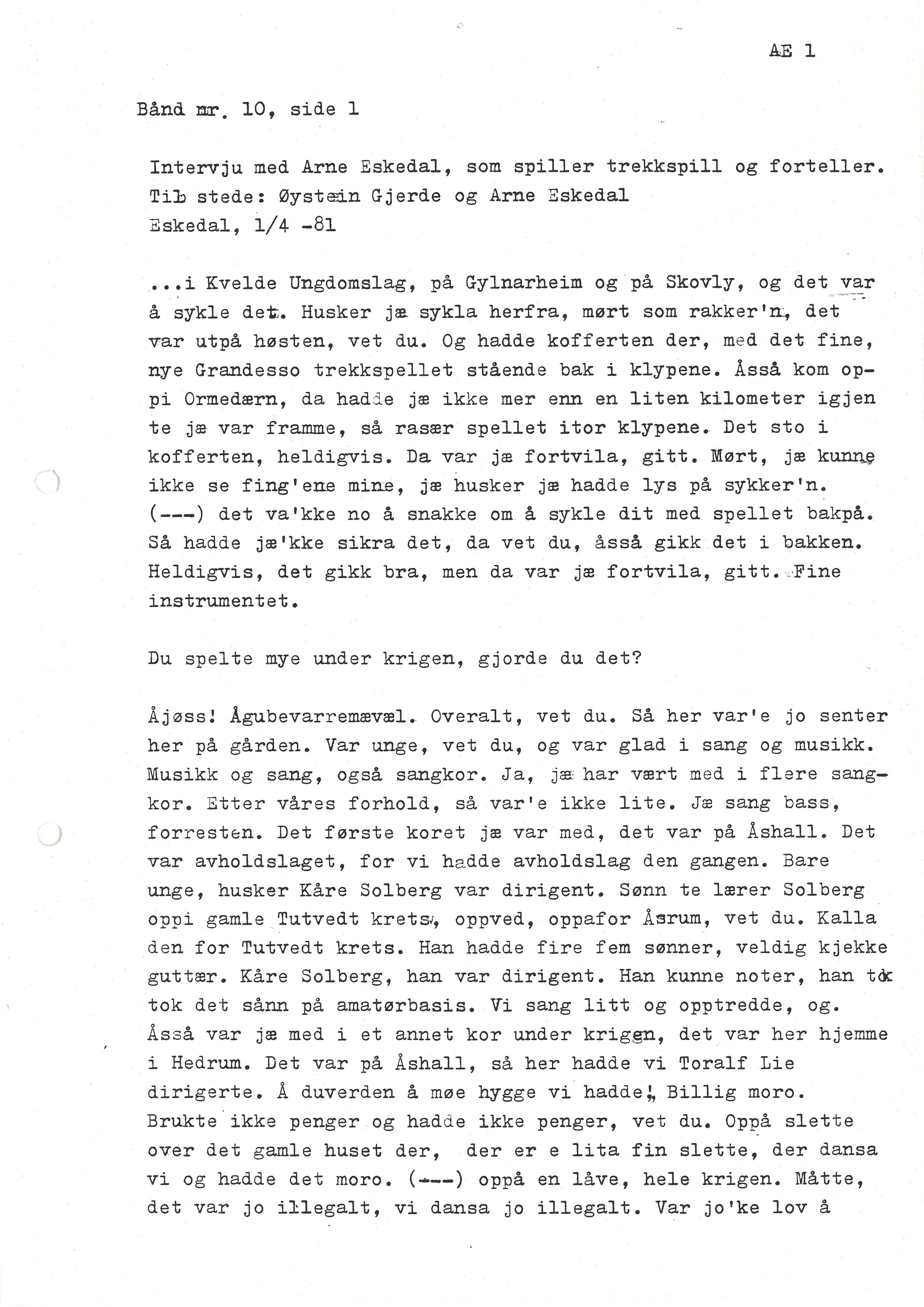 Sa 16 - Folkemusikk fra Vestfold, Gjerdesamlingen, VEMU/A-1868/I/L0001: Informantregister med intervjunedtegnelser, 1979-1986