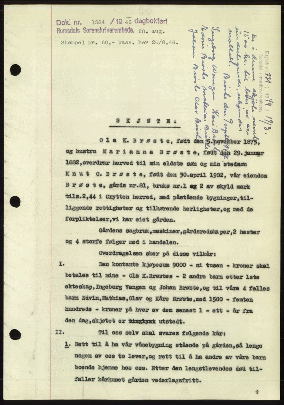 Romsdal sorenskriveri, AV/SAT-A-4149/1/2/2C: Mortgage book no. A20, 1946-1946, Diary no: : 1584/1946