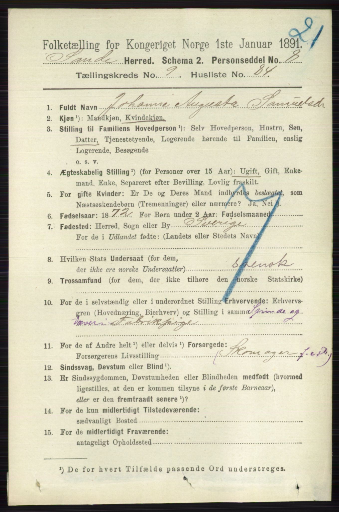 RA, 1891 census for 0713 Sande, 1891, p. 4481
